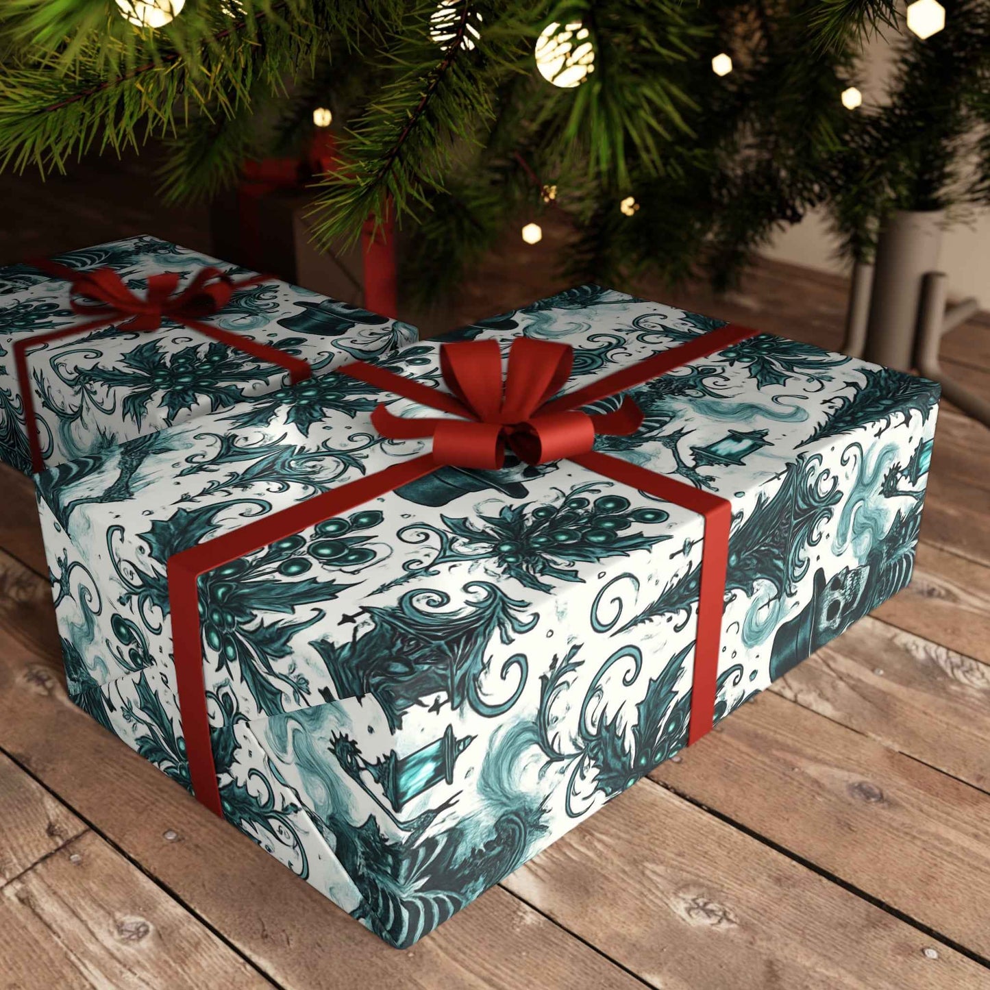 Skeleton Victorian Damask Gift Wrapping Paper Sheet — Gothic Holiday Wrap