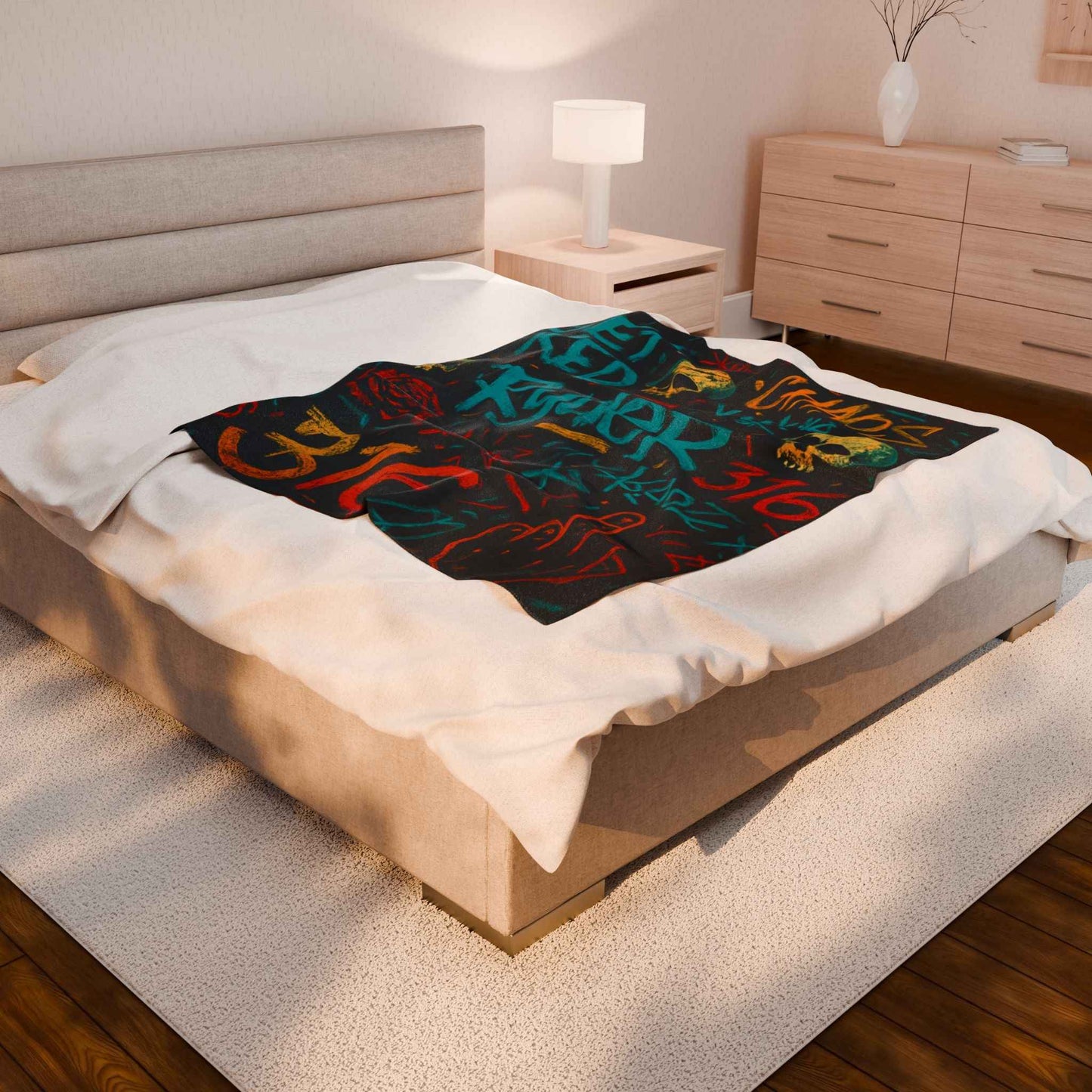 Graffiti Skull Ryder 316 Velveteen Blanket | Street Art Skull Rose Chaos