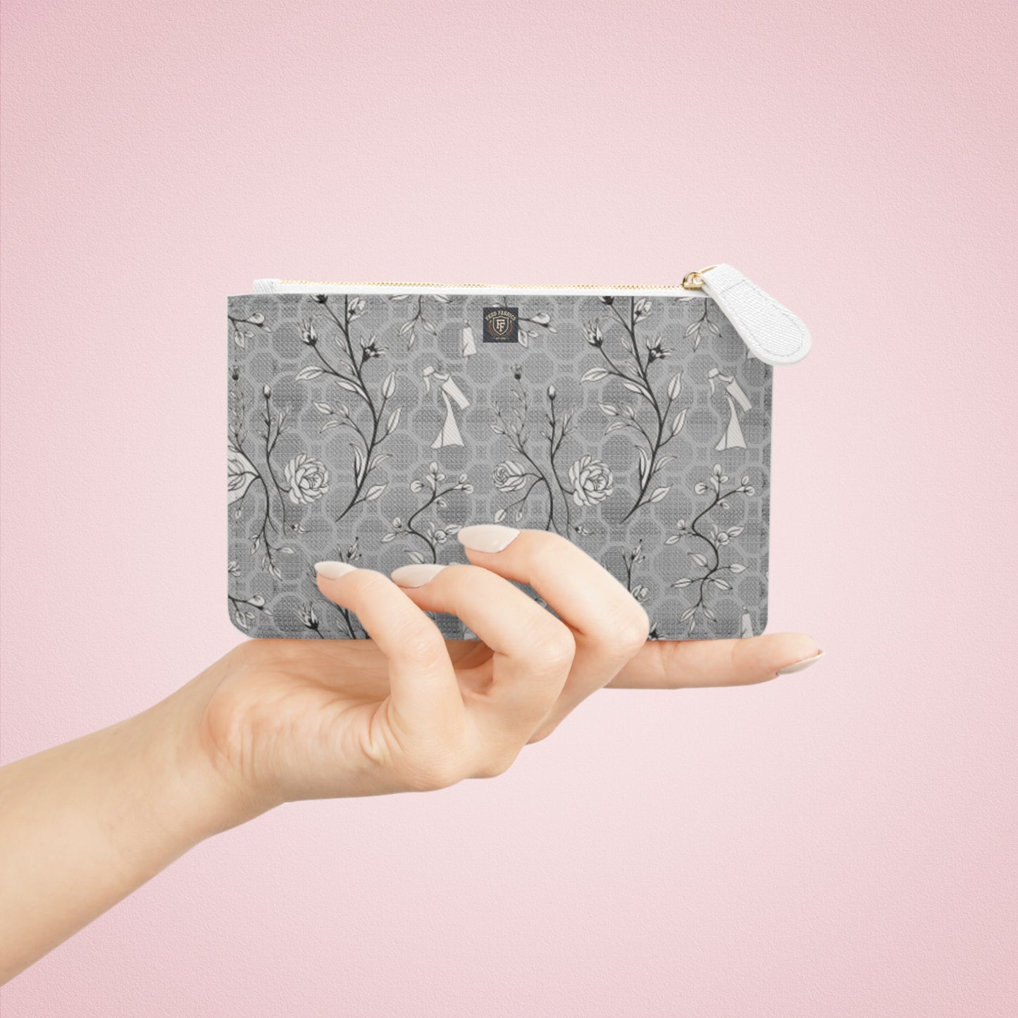 Mini Clutch Bag — Elegant Gray Floral Patterned Wrist Pouch