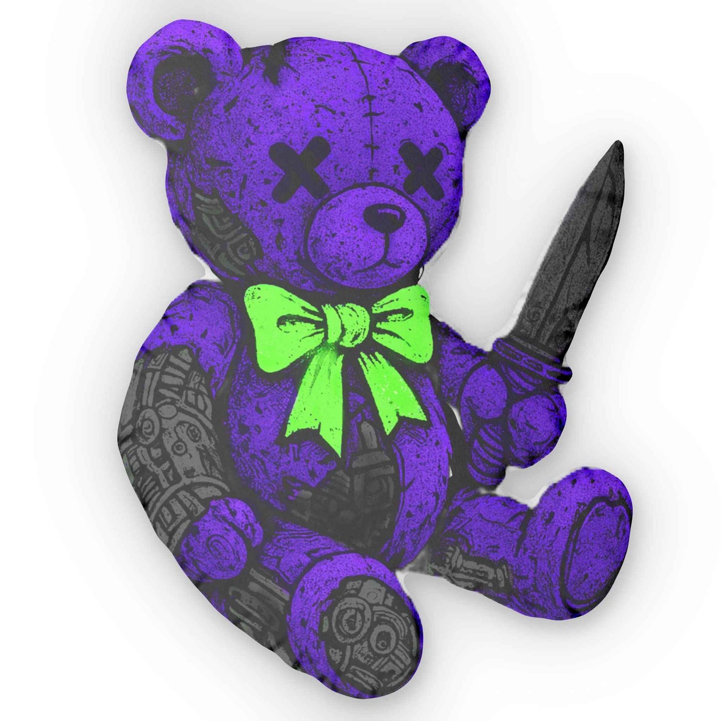 Creepy Purple Teddy Knife Shaped Pillow — Novelty Horror Decor