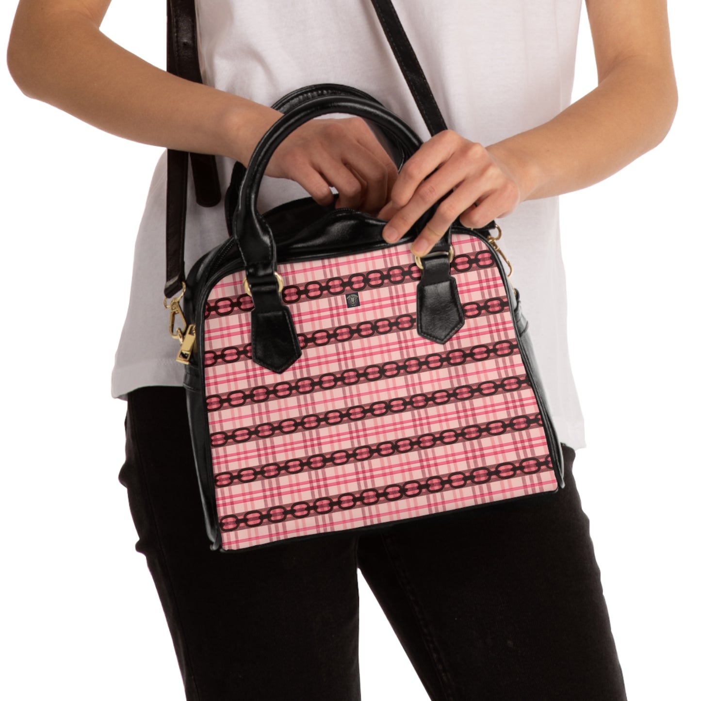 Pink Plaid Shoulder Handbag – Vintage Chain Stripe Pattern