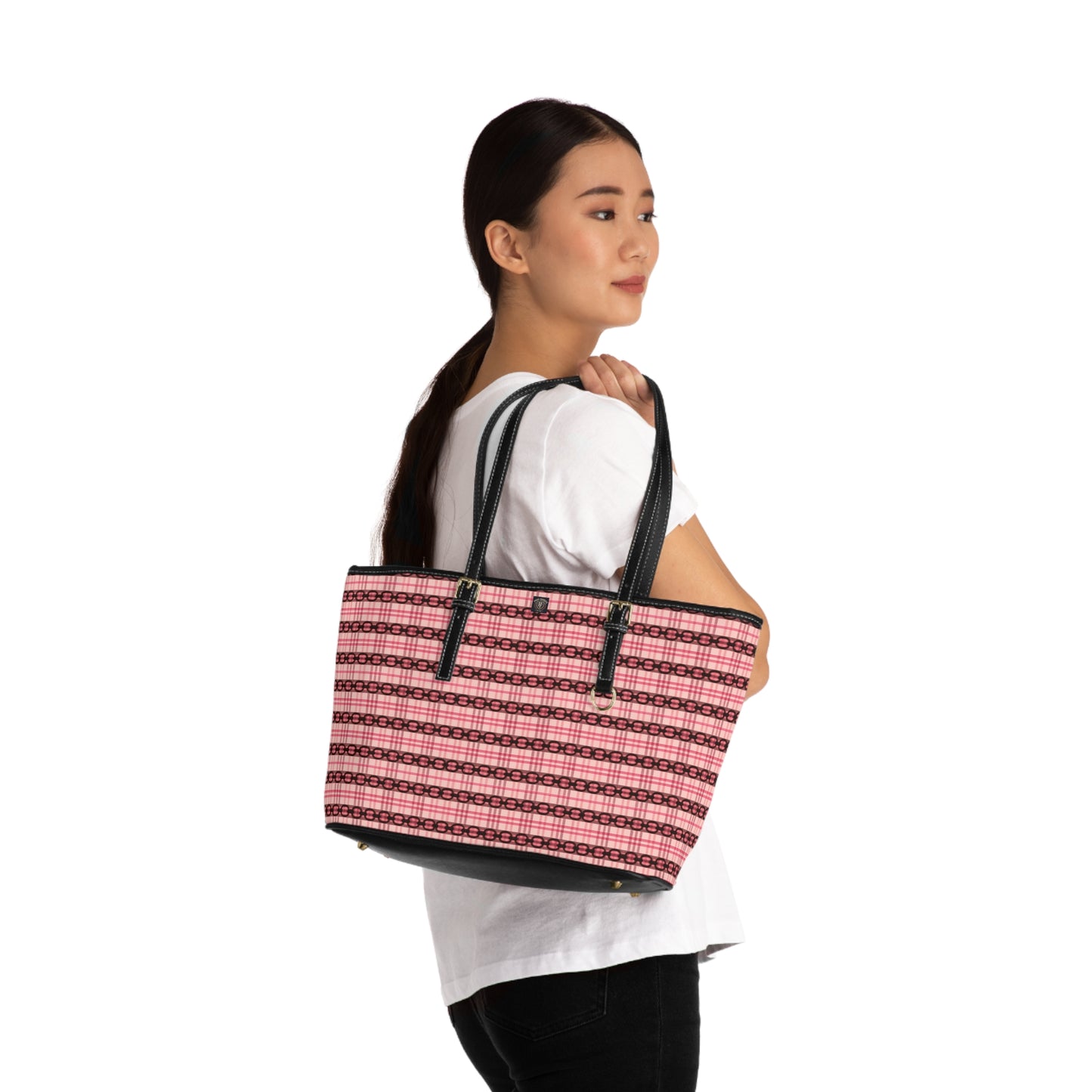 Pink Plaid PU Leather Shoulder Bag – Chic Striped Tote for Everyday Use