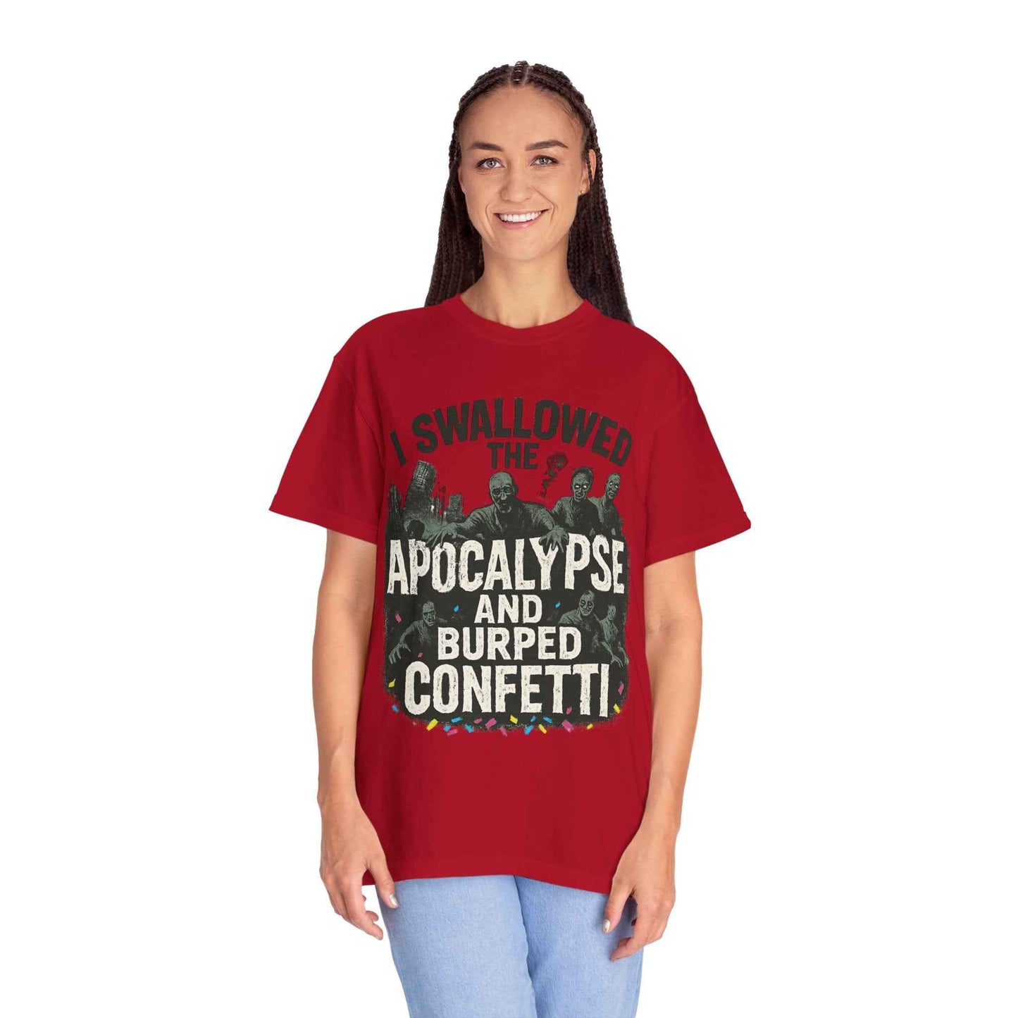 Apocalypse & Burped Confetti T-Shirt — Funny Zombie Survival Tee