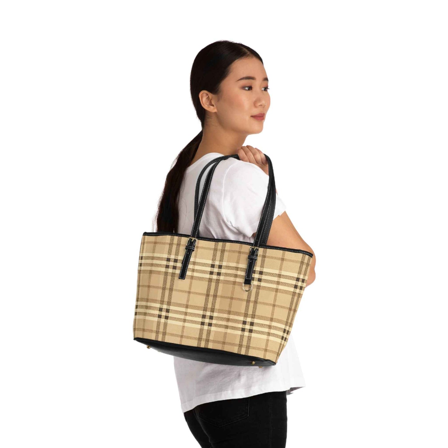 Beige Plaid PU Leather Shoulder Bag – Classic Check Tote