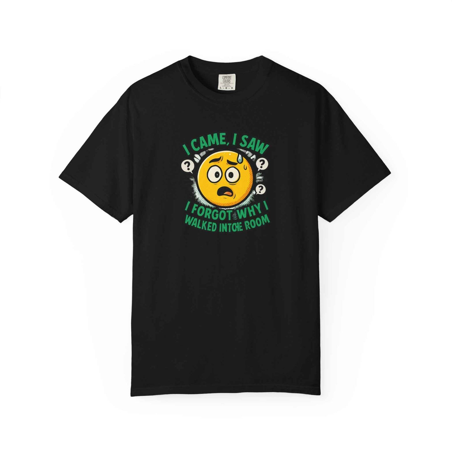 Funny Graphic T-Shirt — "I Came, I Saw, I Forgot Why I Walked Into Room" Emoji Tee