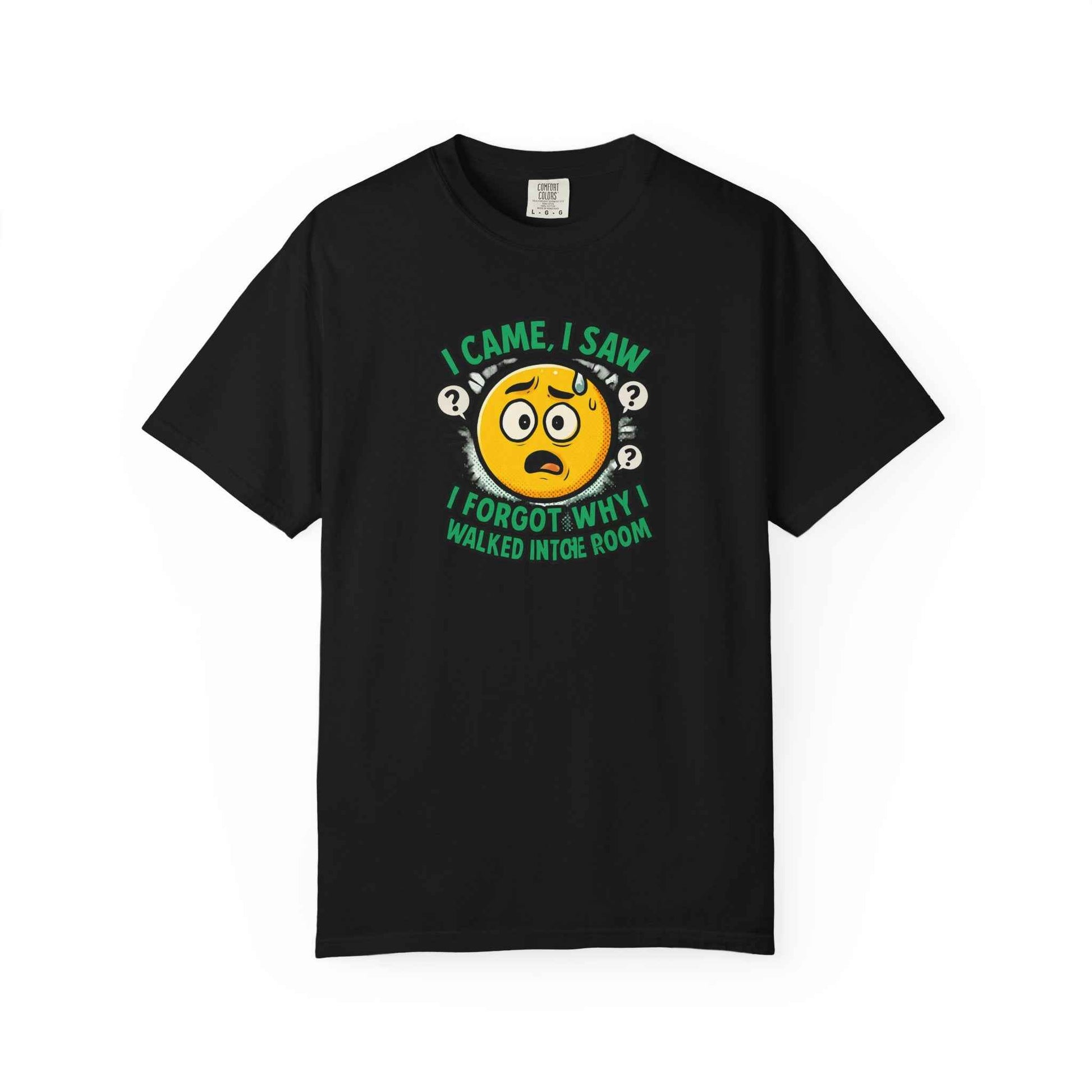 Funny Graphic T-Shirt — "I Came, I Saw, I Forgot Why I Walked Into Room" Emoji Tee