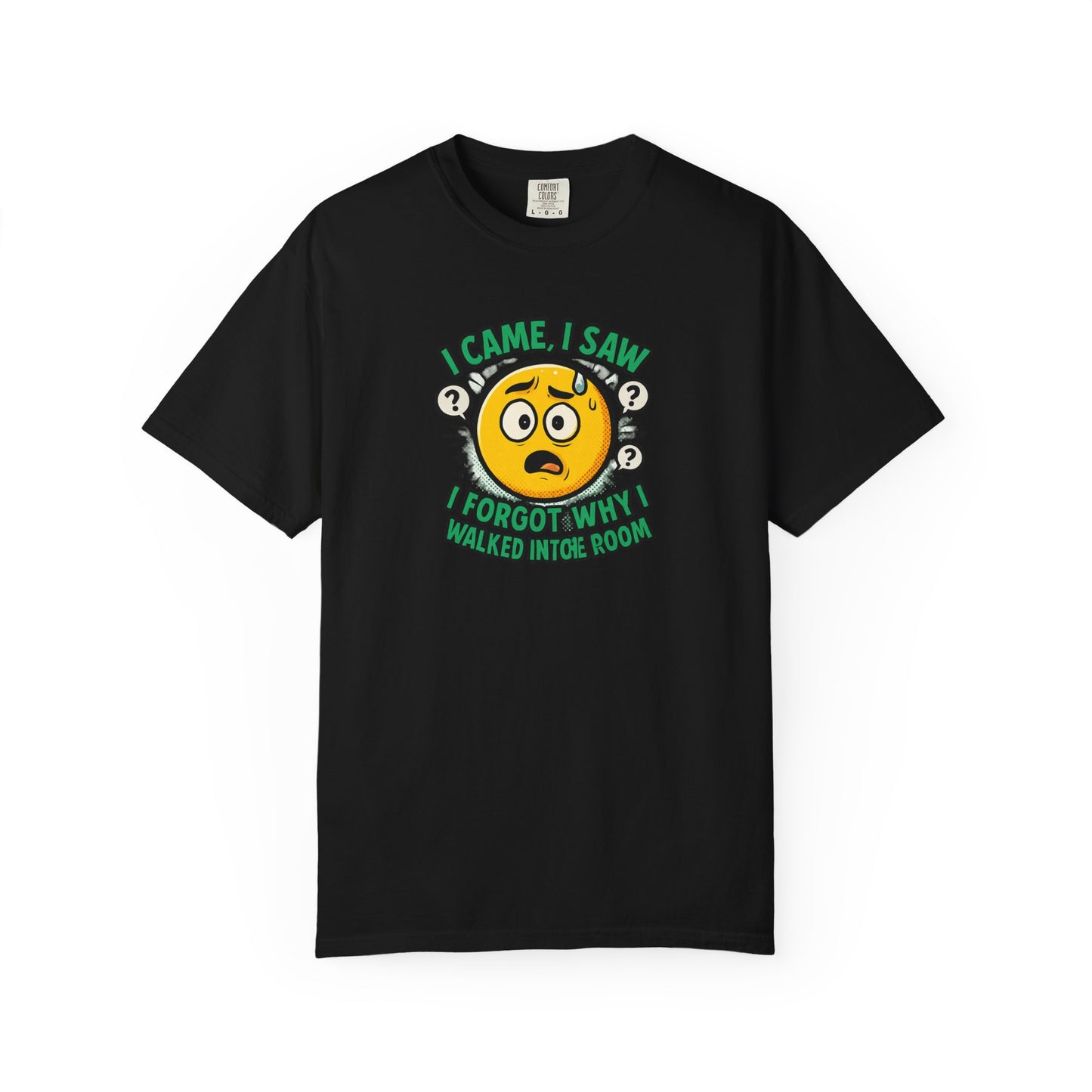 Funny Graphic T-Shirt — "I Came, I Saw, I Forgot Why I Walked Into Room" Emoji Tee