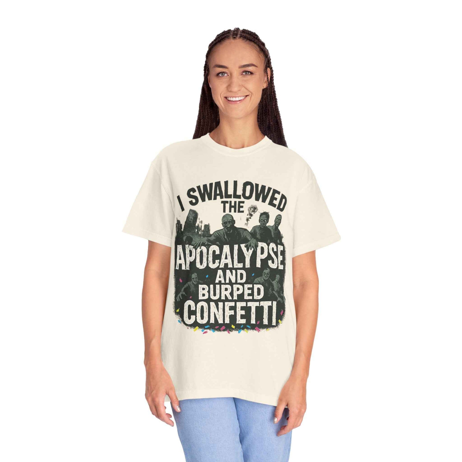Apocalypse & Burped Confetti T-Shirt — Funny Zombie Survival Tee