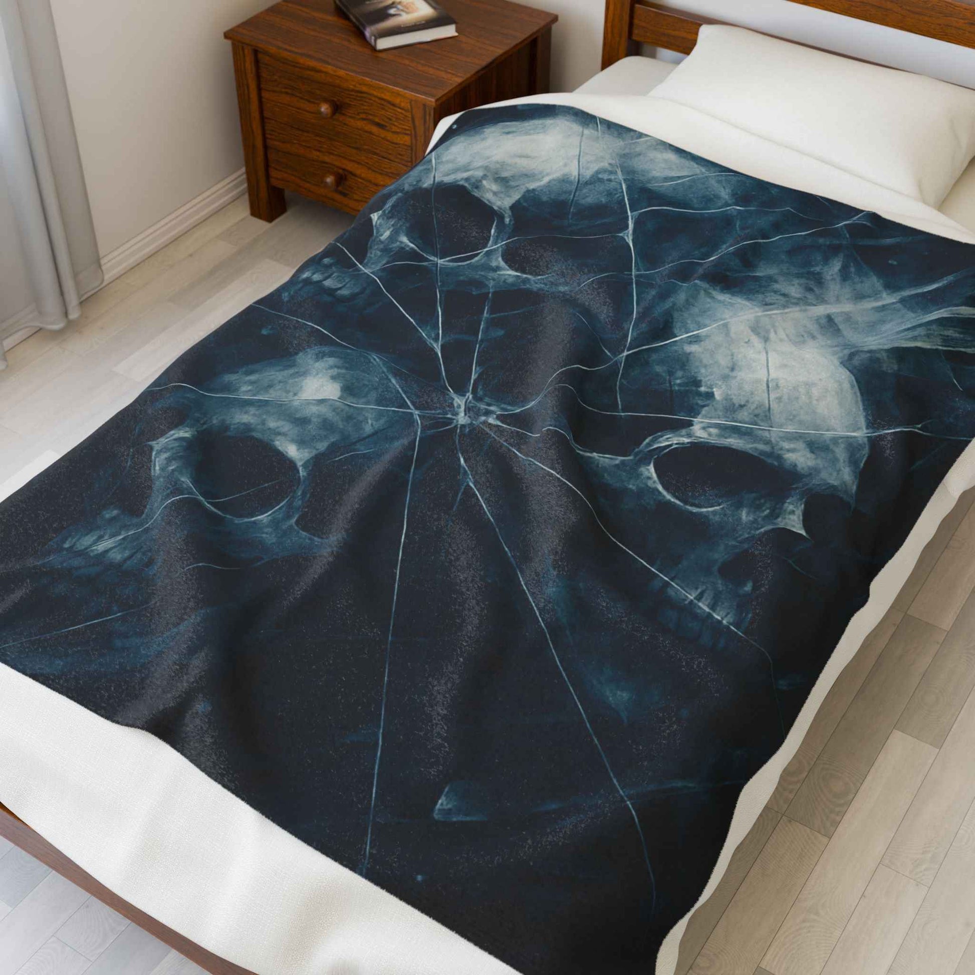 Skull Trio Spiderweb Throw Blanket | Dark Gothic Velveteen Plush