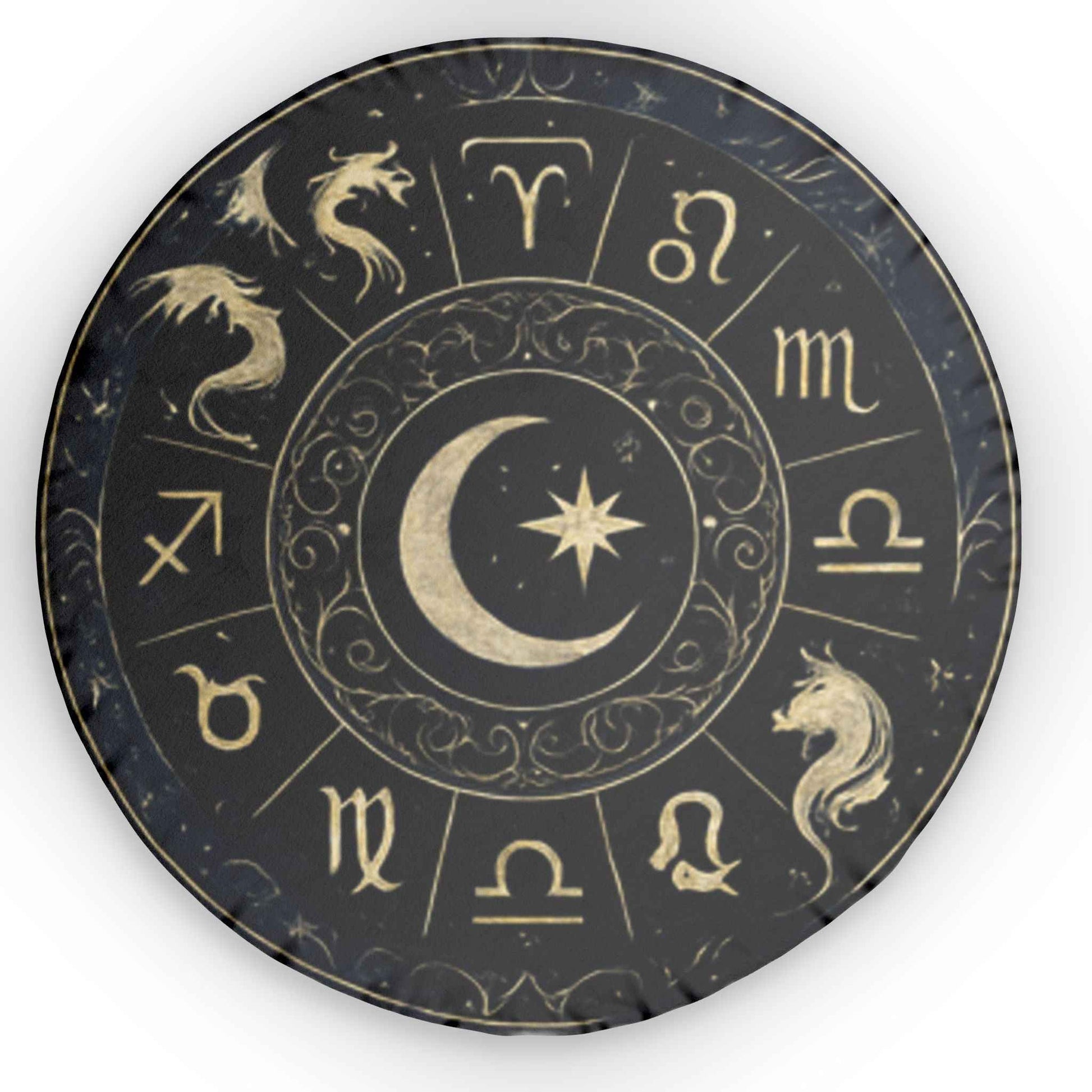 Astrology Moon & Zodiac Round Pillow — Crescent Moon Star Horoscope Decorative Pillow