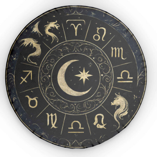 Astrology Moon & Zodiac Round Pillow — Crescent Moon Star Horoscope Decorative Pillow