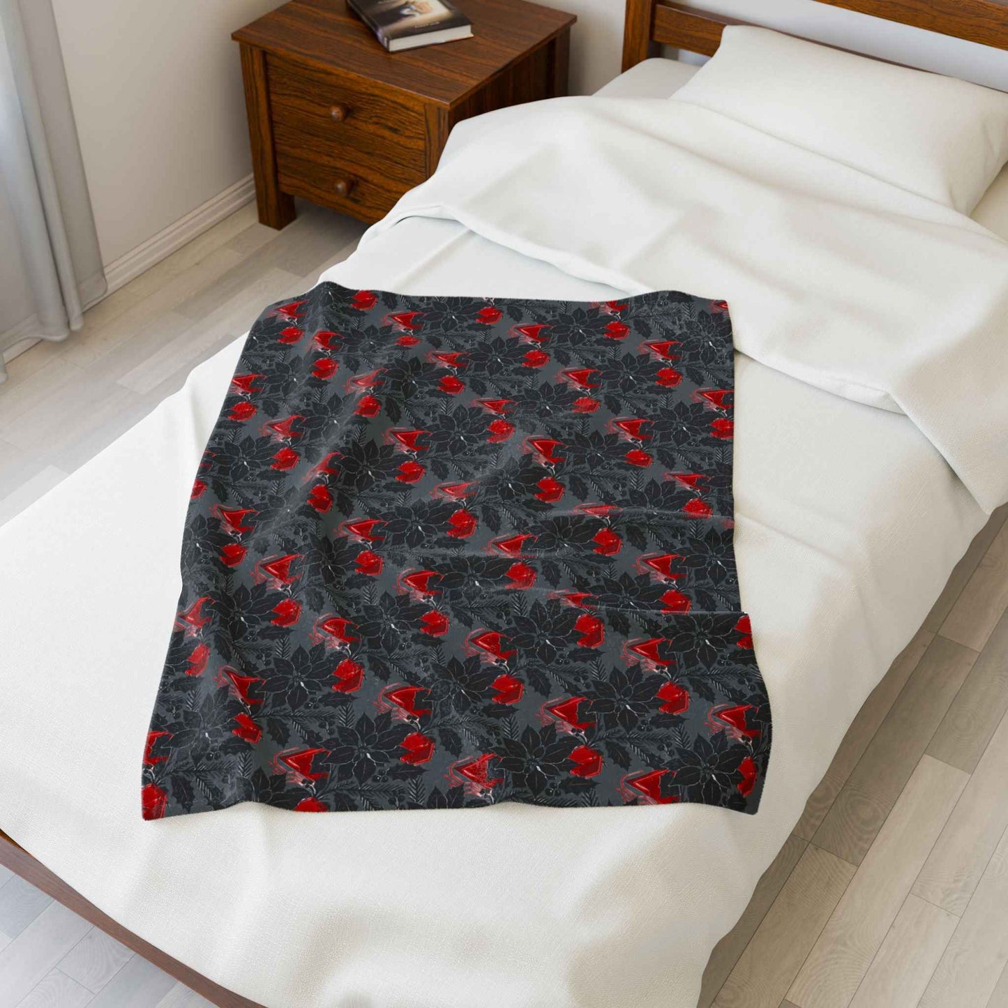 Plush Blanket — Black & Red Poinsettia Holiday Velveteen Throw