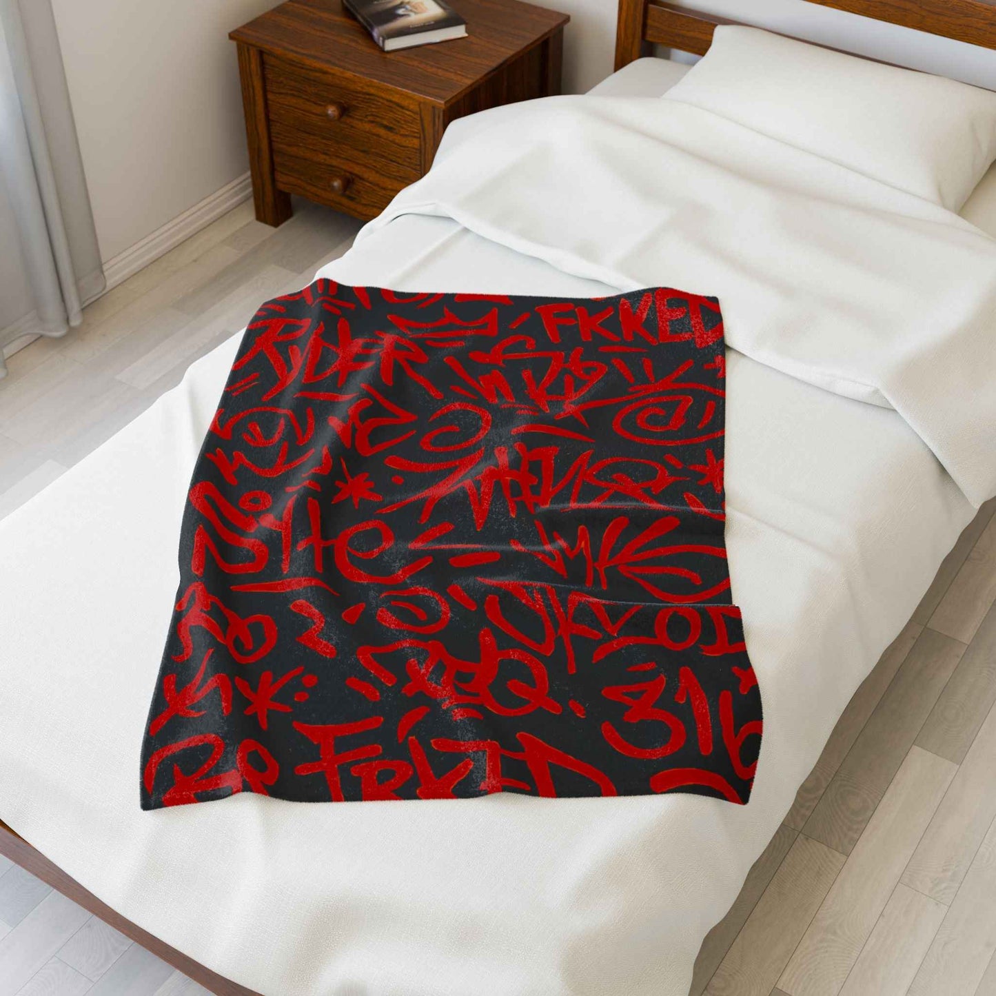 Red Graffiti Script Velveteen Plush Blanket | Urban Street Art Throw