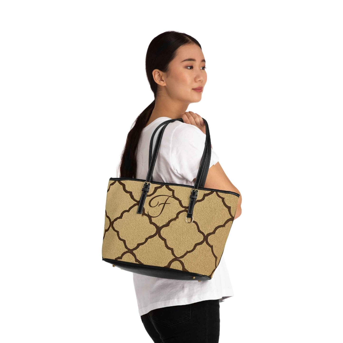 Monogram PU Leather Shoulder Bag — Taupe Moroccan Trellis Pattern