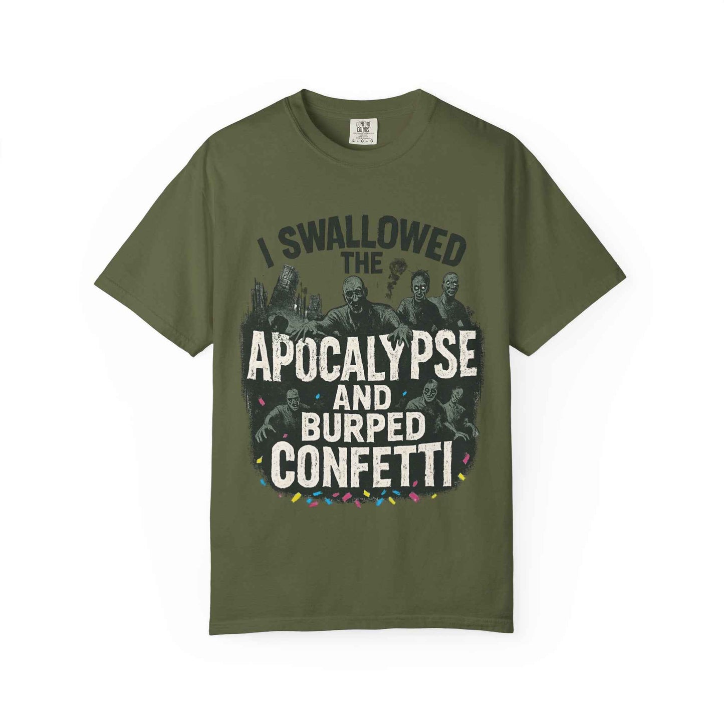 Apocalypse & Burped Confetti T-Shirt — Funny Zombie Survival Tee