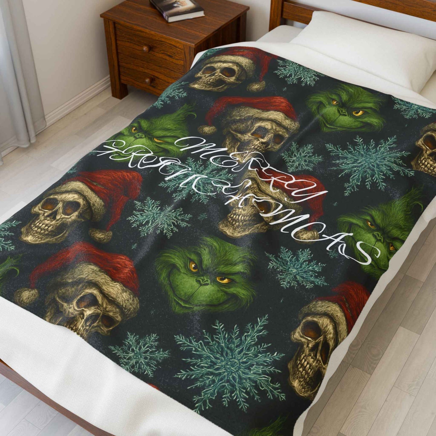 Grinchmas Skull Velveteen Plush Blanket — Merry Grinchmas Holiday Throw