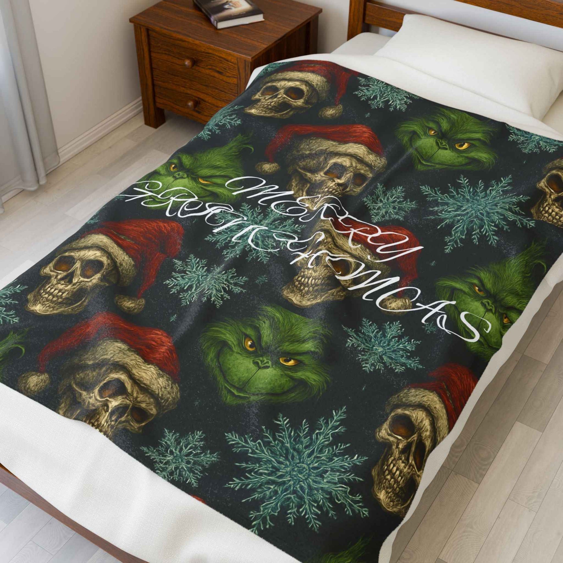Grinchmas Skull Velveteen Plush Blanket — Merry Grinchmas Holiday Throw