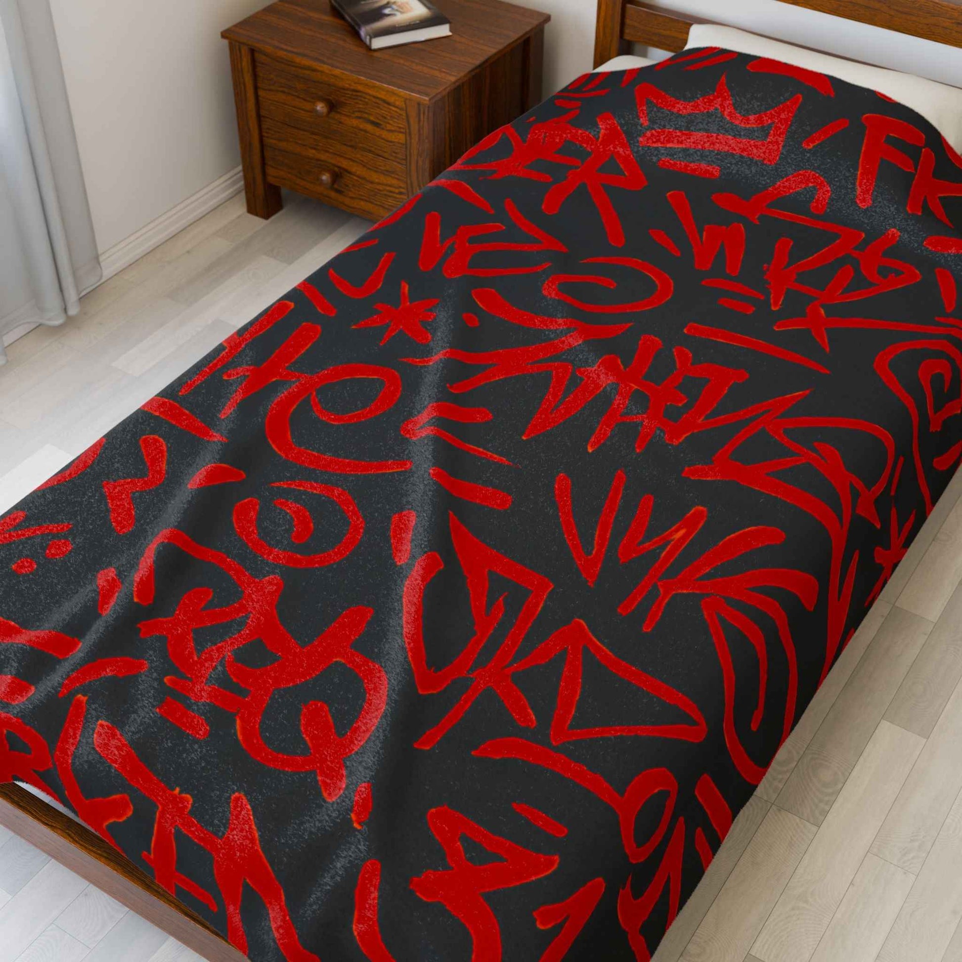 Red Graffiti Script Velveteen Plush Blanket | Urban Street Art Throw