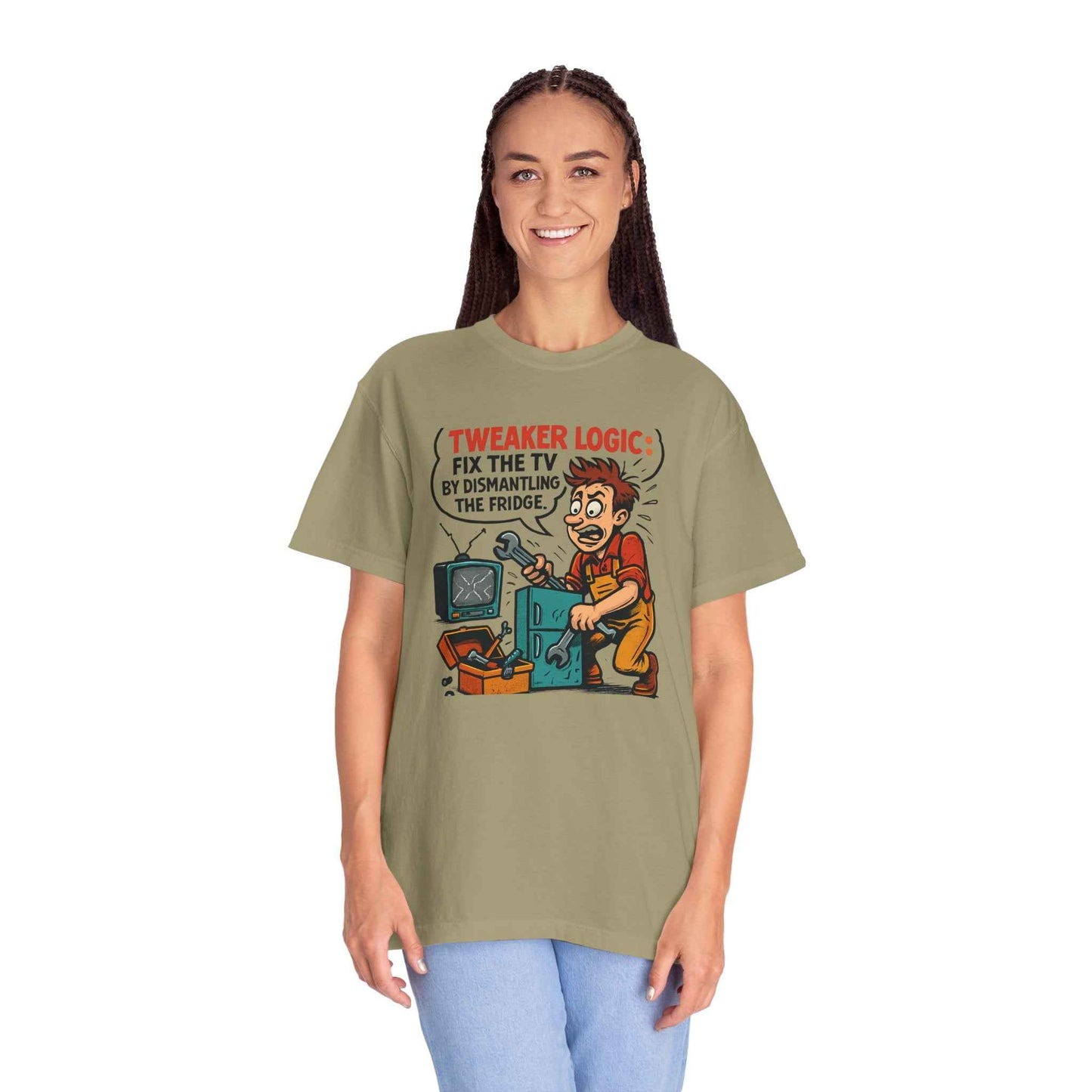 Tweaker Logic Cartoon T-Shirt — “Fix the TV by Dismantling the Fridge” Retro Graphic Tee