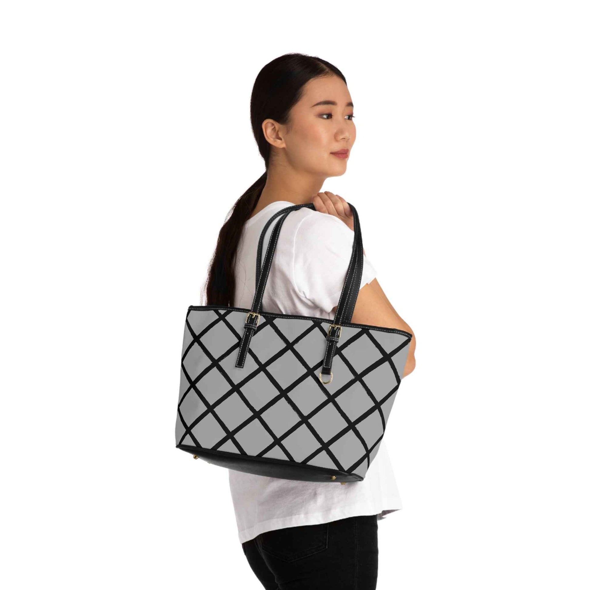 Geometric Grid PU Leather Shoulder Bag – Gray & Black Tote
