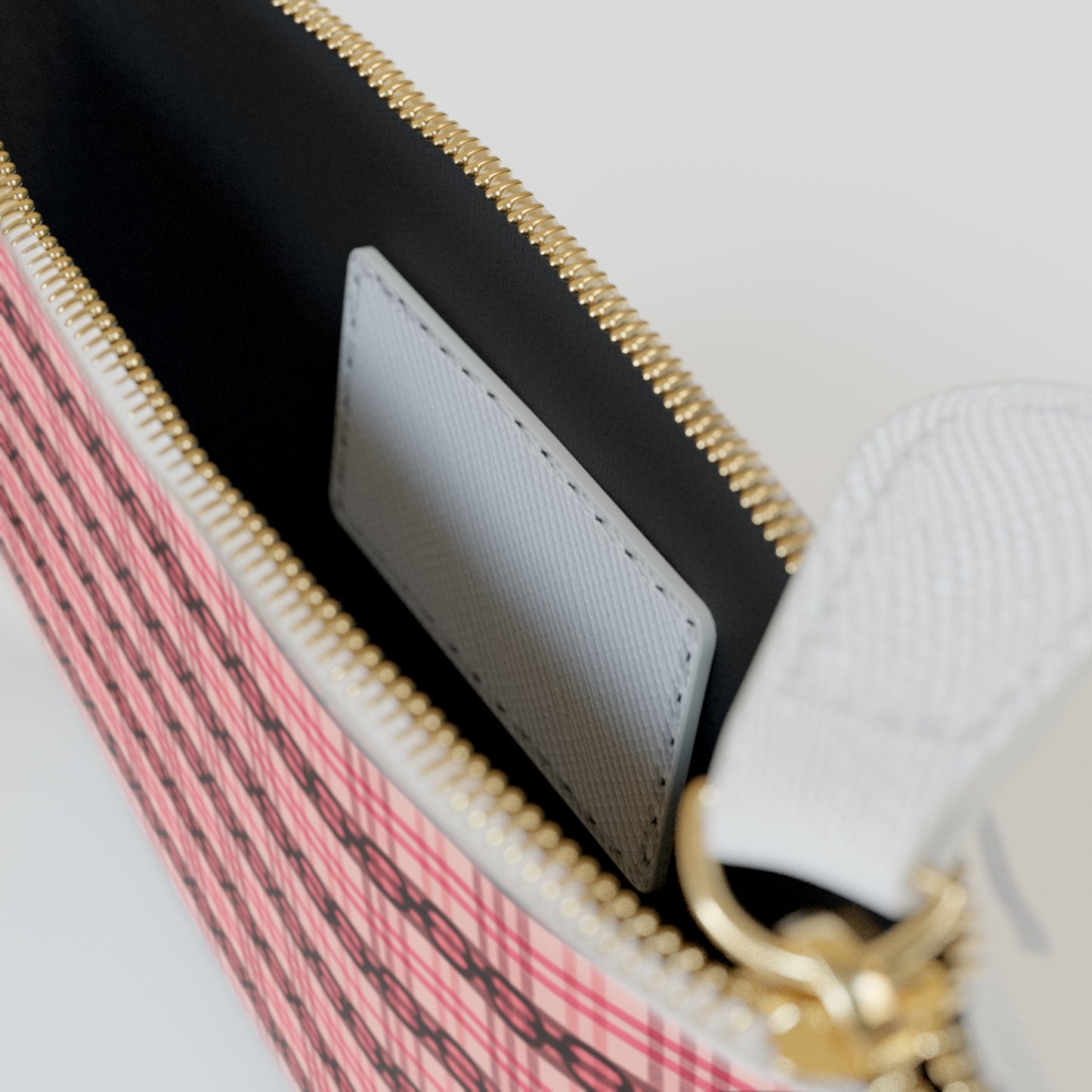 Mini Clutch Bag — Pink Plaid Patterned Zip Pouch for Cards & Cosmetics