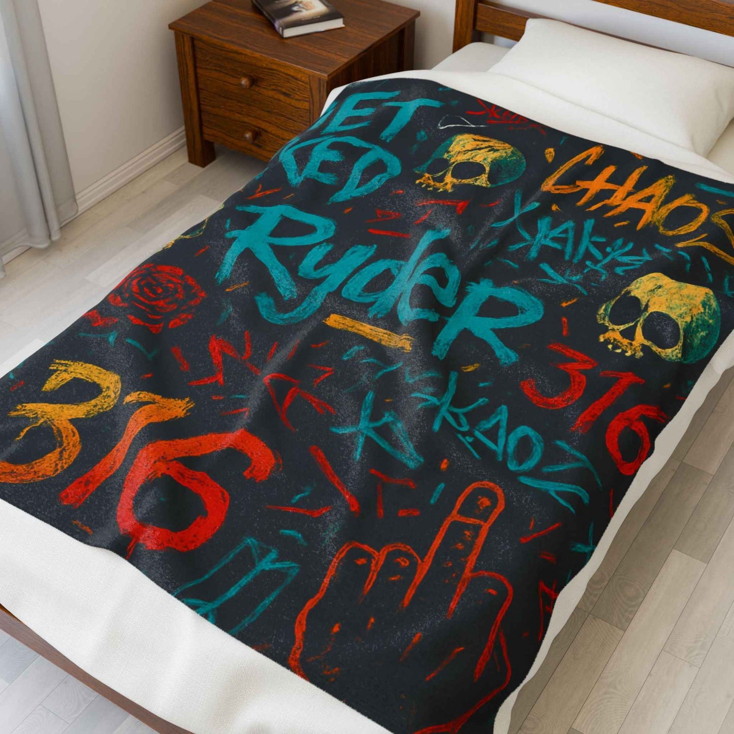 Graffiti Skull Ryder 316 Velveteen Blanket | Street Art Skull Rose Chaos