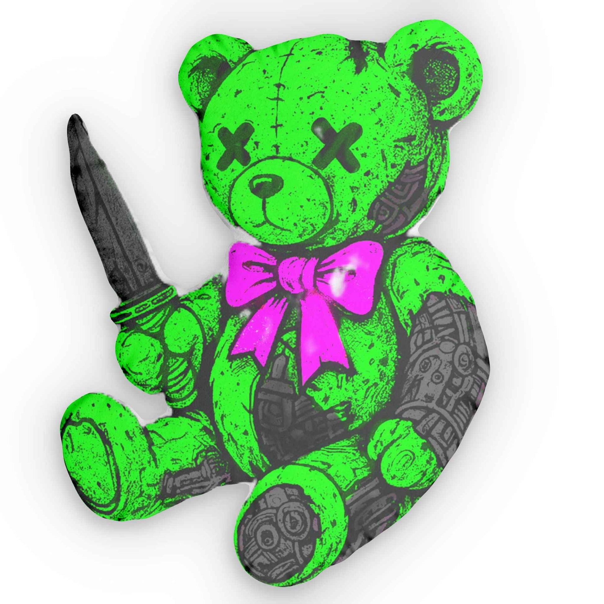 Creepy Neon Bear Shaped Pillow — Green Tattooed Teddy with Knife & Pink Bow