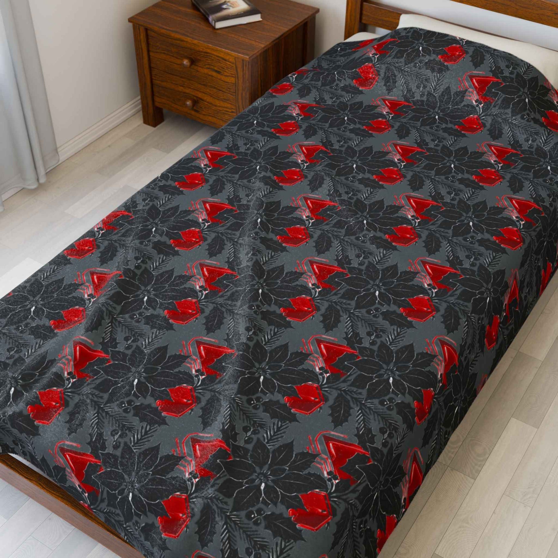 Plush Blanket — Black & Red Poinsettia Holiday Velveteen Throw