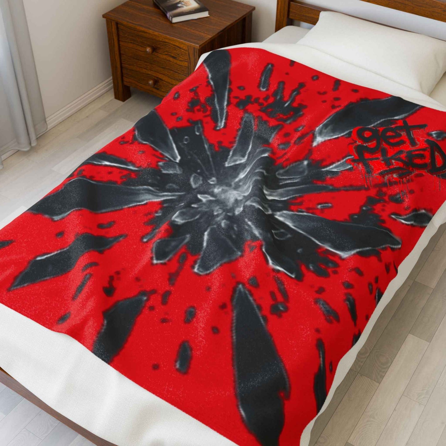 Velveteen Plush Blanket — Red Shattered Glass Design with 'Get F*cked' Graphic