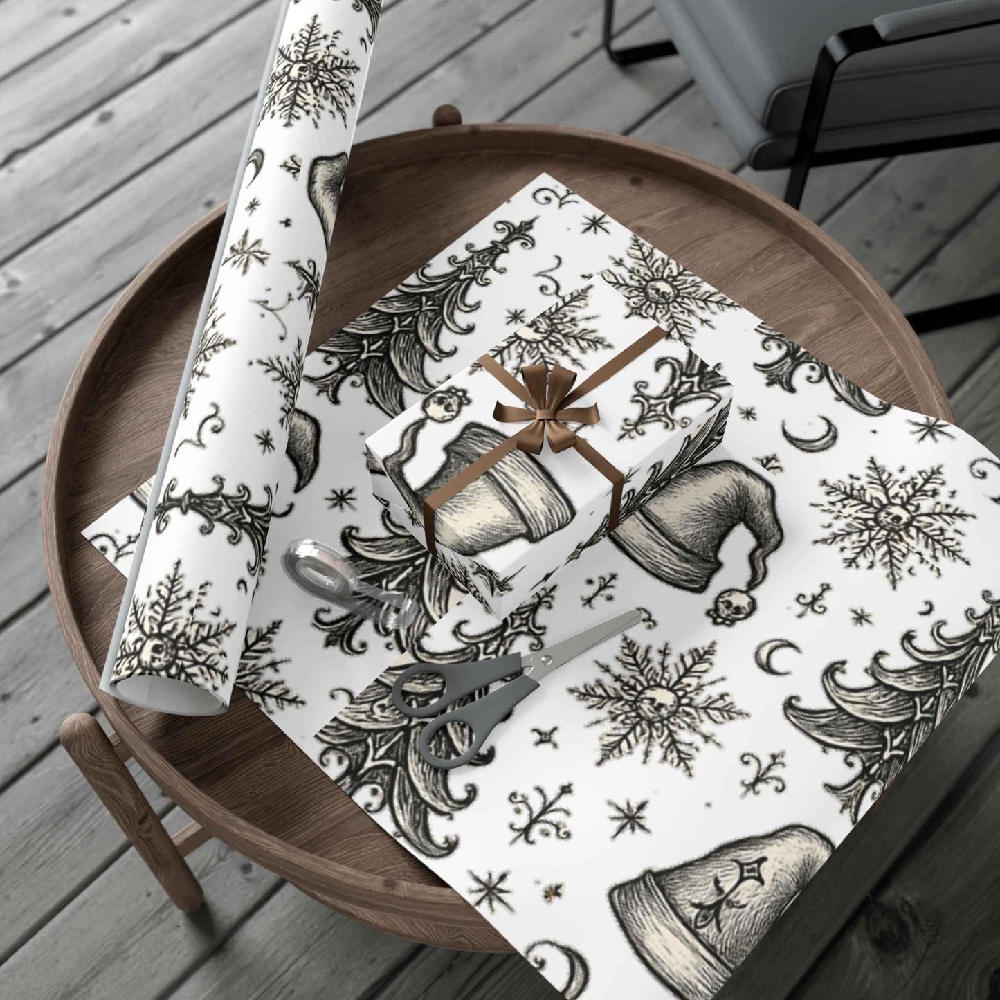 Christmas Tree & Bell Gift Wrap Paper – Vintage Black & White Holiday Wrapping