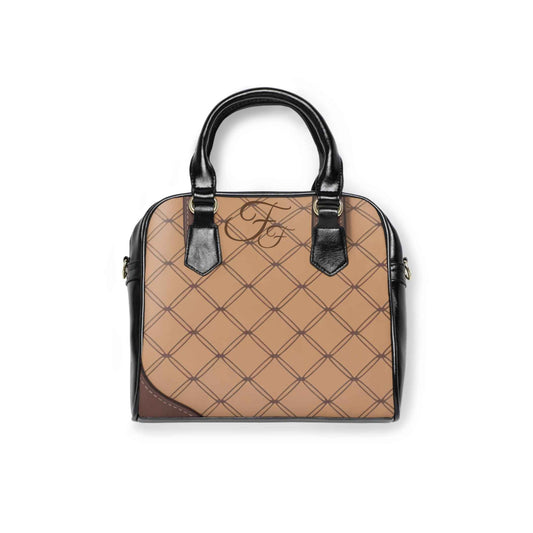 Quilted Tan Shoulder Handbag — Elegant Plaid Satchel with Monogram Accent