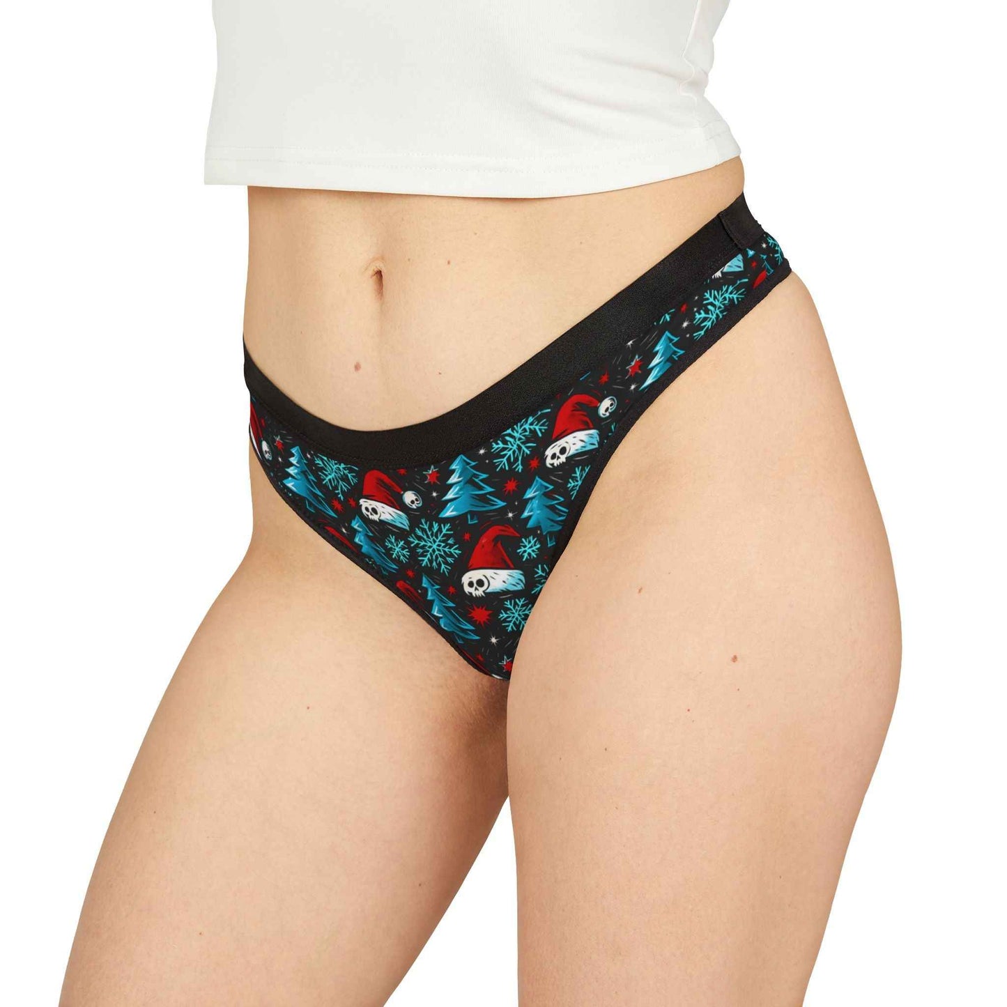 Holiday Skull & Santa Hat Thong — Christmas Skull Print Women's Thong