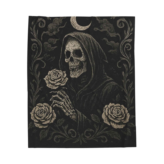 Grim Reaper with Roses Velveteen Plush Blanket | Gothic Skull Moon Throw