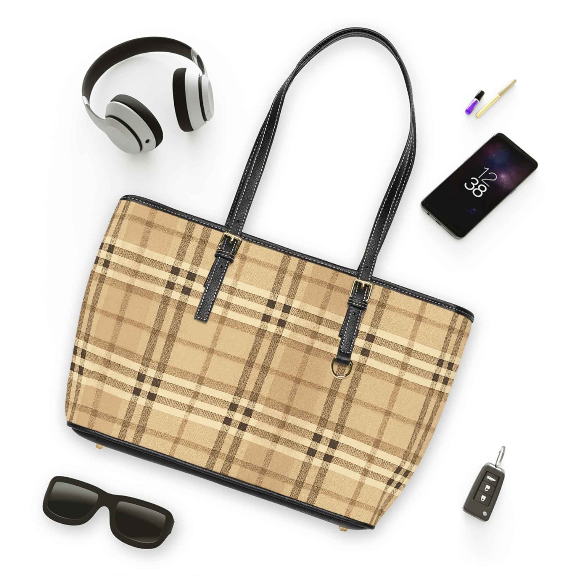 Beige Plaid PU Leather Shoulder Bag – Classic Check Tote