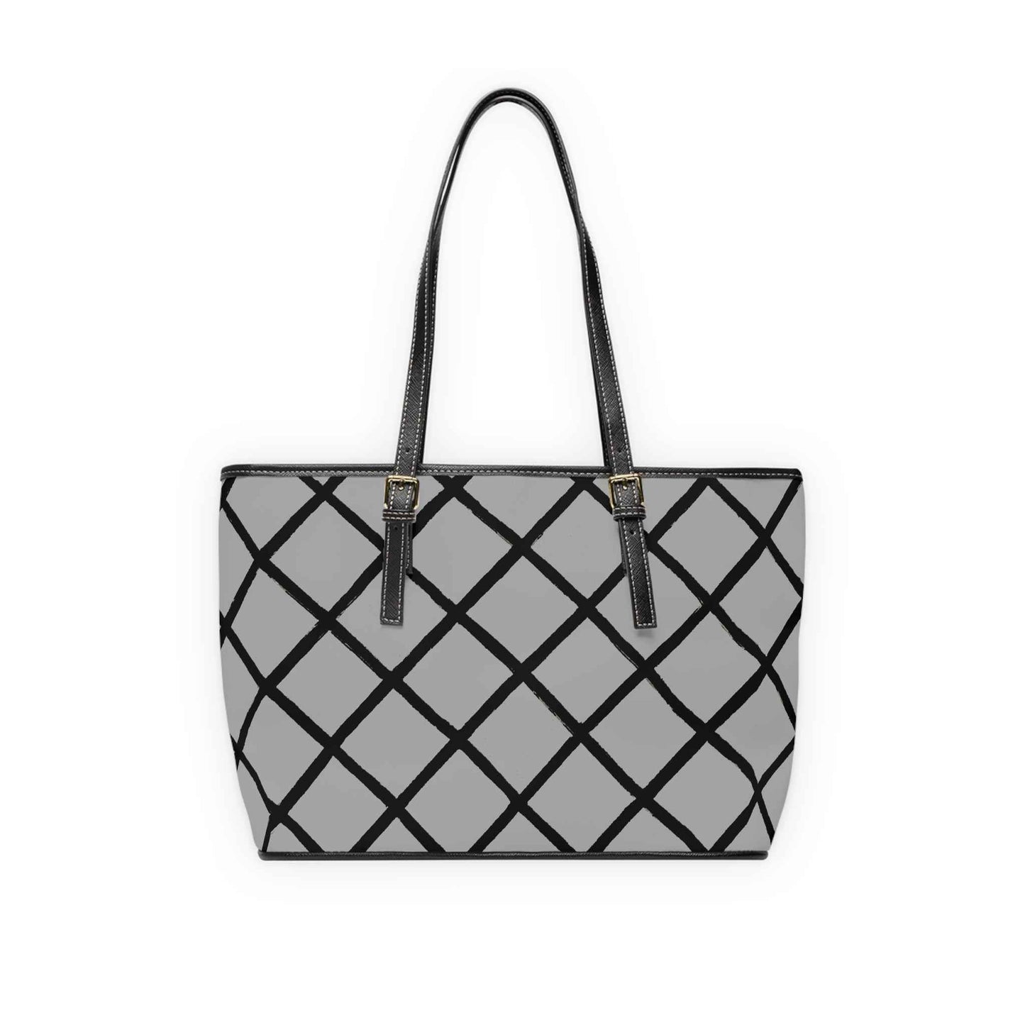 Geometric Grid PU Leather Shoulder Bag – Gray & Black Tote
