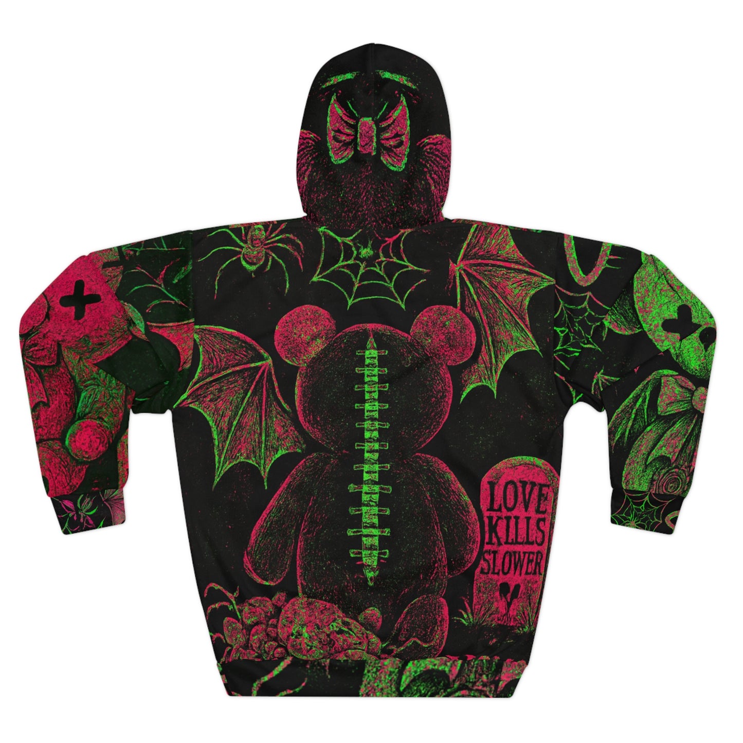 Gothic glowing green and pink  Teddy Bear Hoodie - 'Love Kills Slowly' All-Over Print