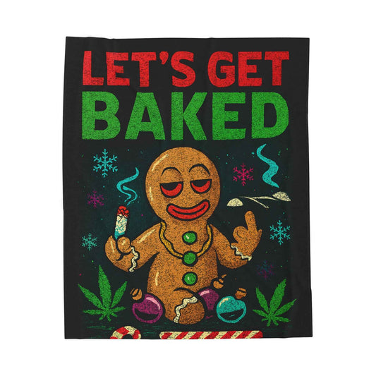 Lets Get Baked Holiday Plush Blanket – Funny Gingerbread & Cannabis Christmas Throw