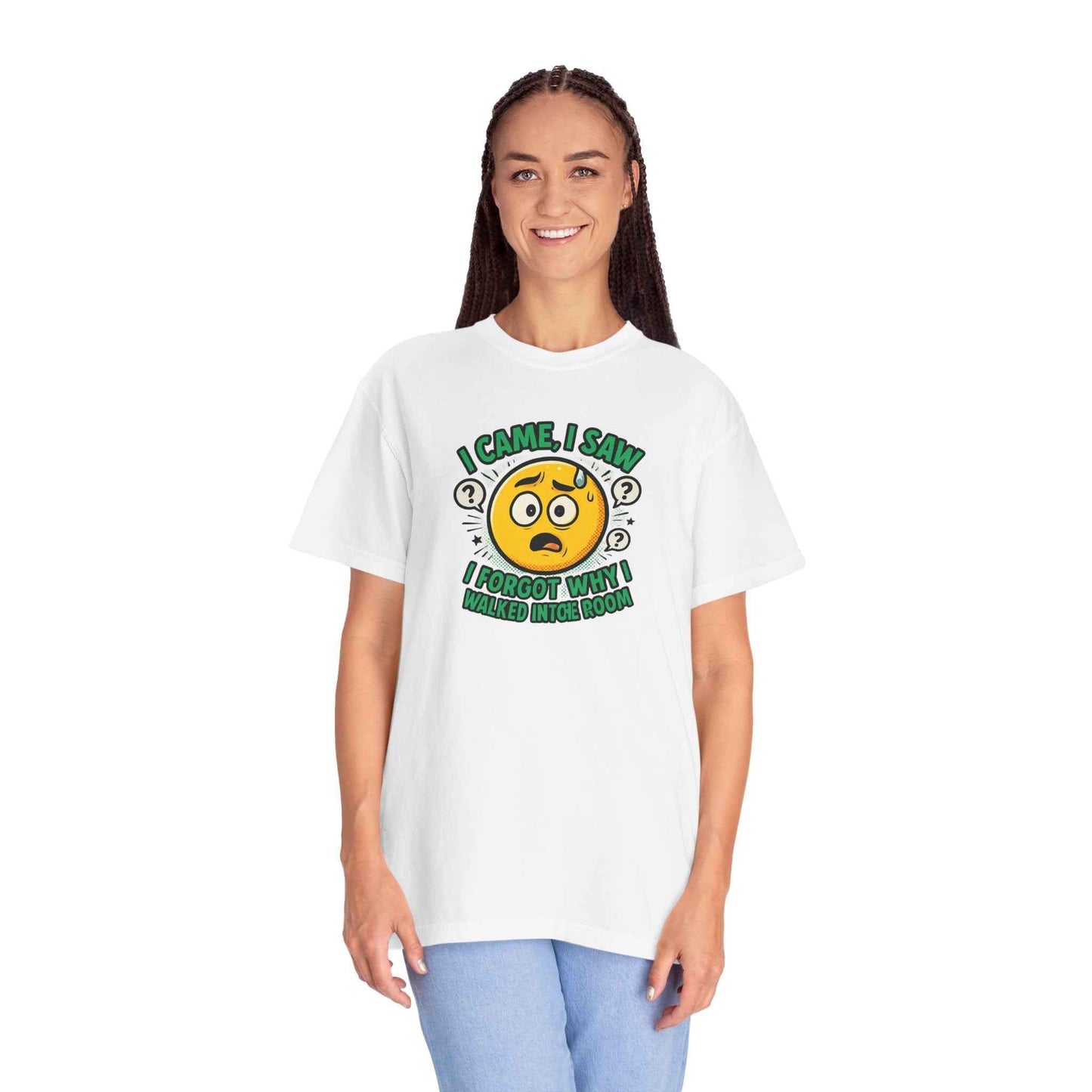 Funny Graphic T-Shirt — "I Came, I Saw, I Forgot Why I Walked Into Room" Emoji Tee