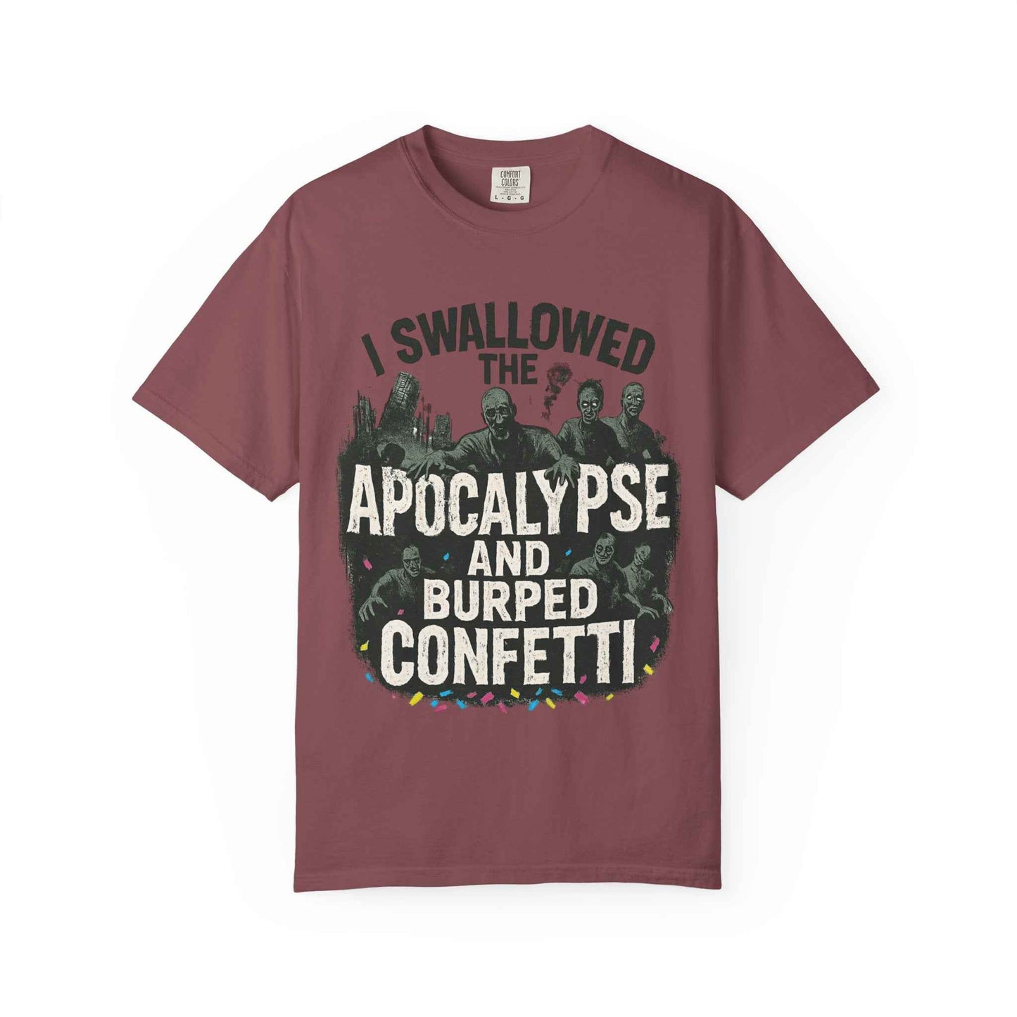 Apocalypse & Burped Confetti T-Shirt — Funny Zombie Survival Tee