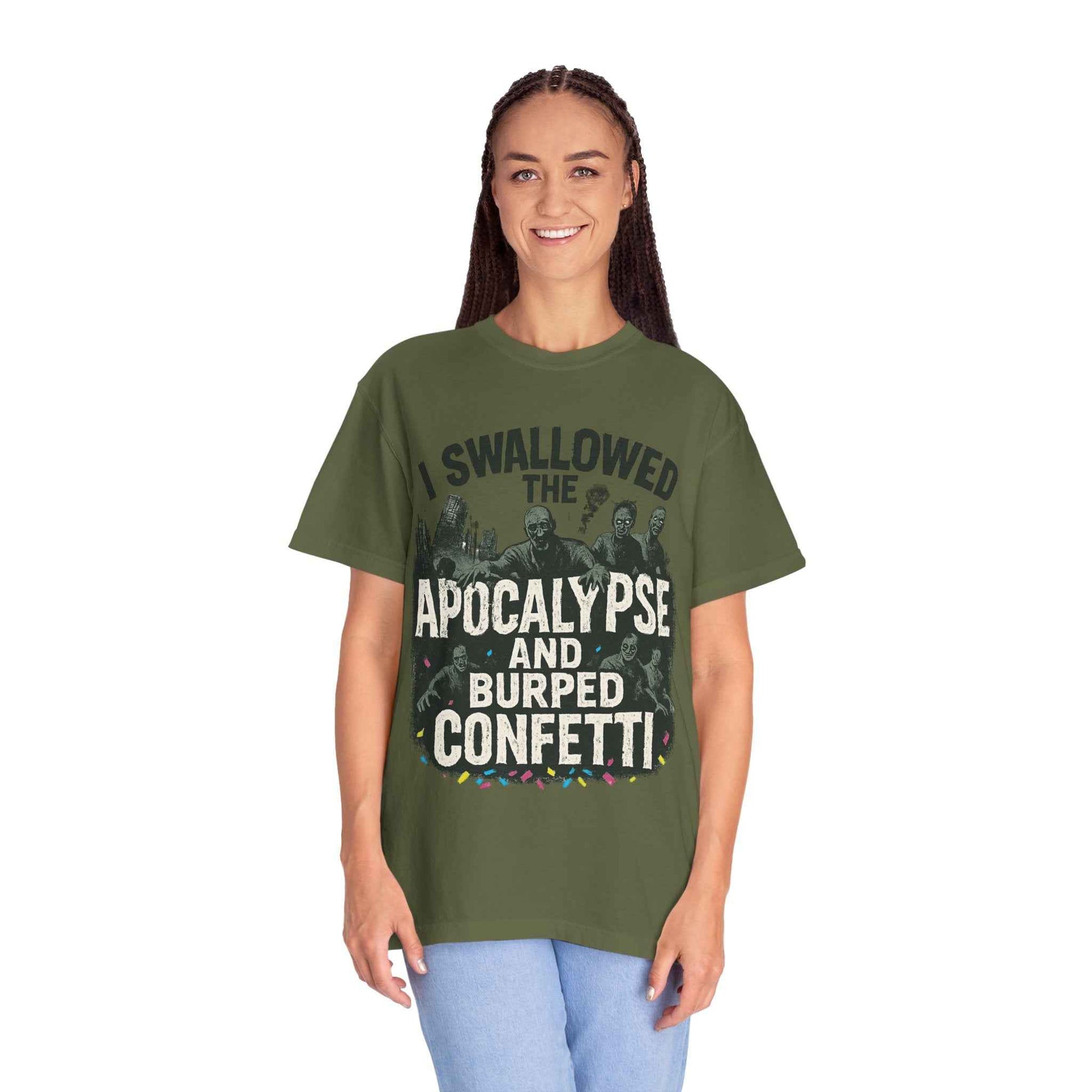 Apocalypse & Burped Confetti T-Shirt — Funny Zombie Survival Tee