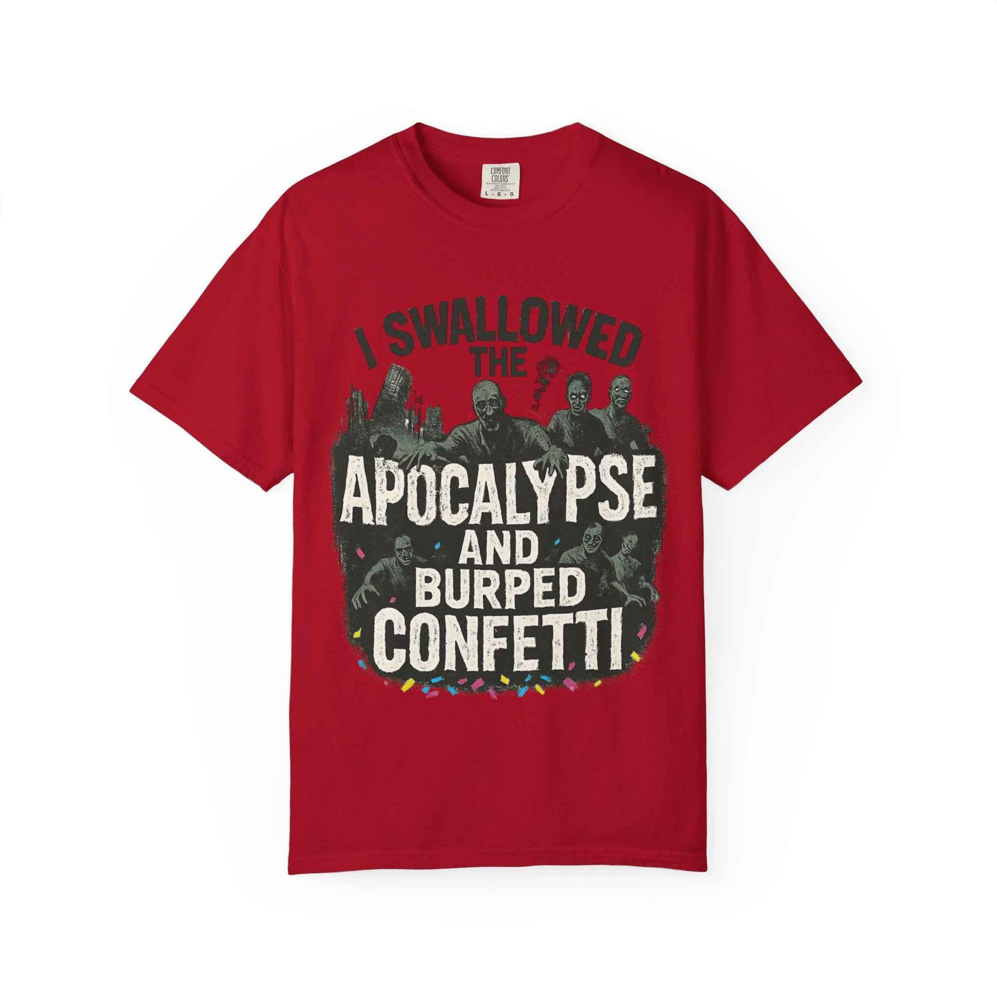Apocalypse & Burped Confetti T-Shirt — Funny Zombie Survival Tee