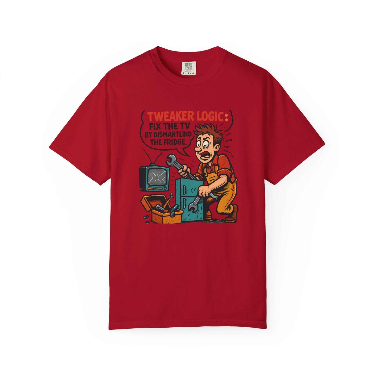 Tweaker Logic Cartoon T-Shirt — “Fix the TV by Dismantling the Fridge” Retro Graphic Tee