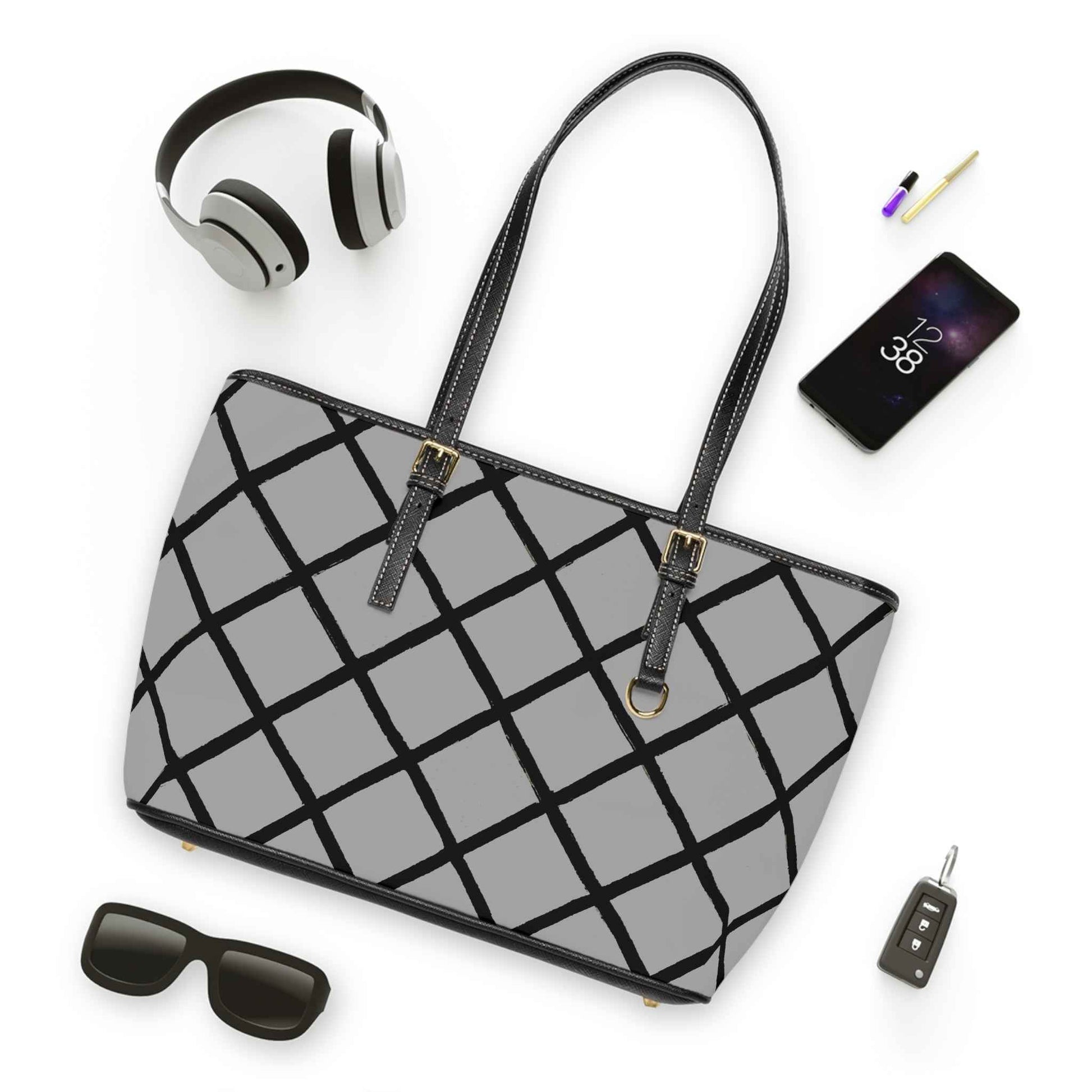 Geometric Grid PU Leather Shoulder Bag – Gray & Black Tote