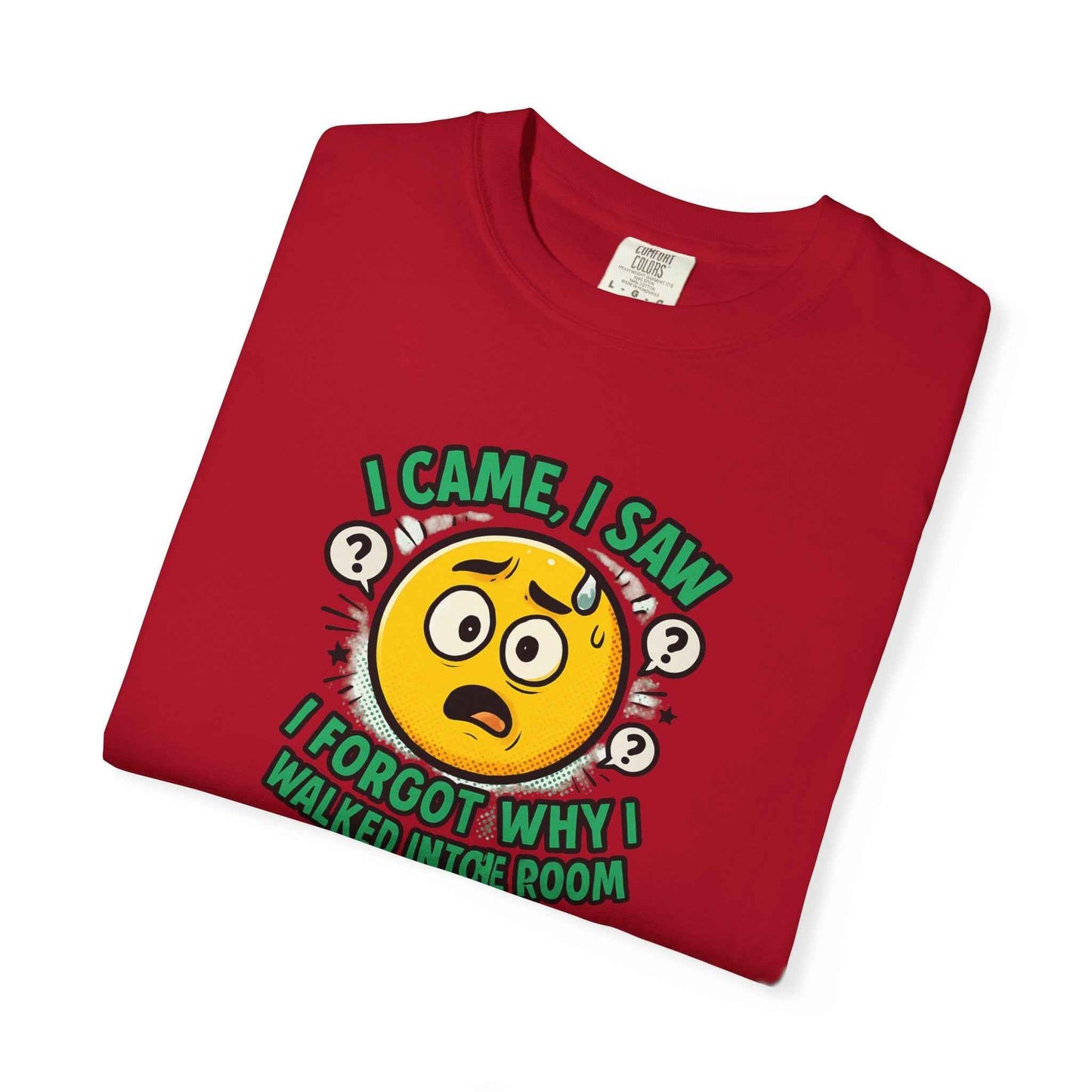 Funny Graphic T-Shirt — "I Came, I Saw, I Forgot Why I Walked Into Room" Emoji Tee