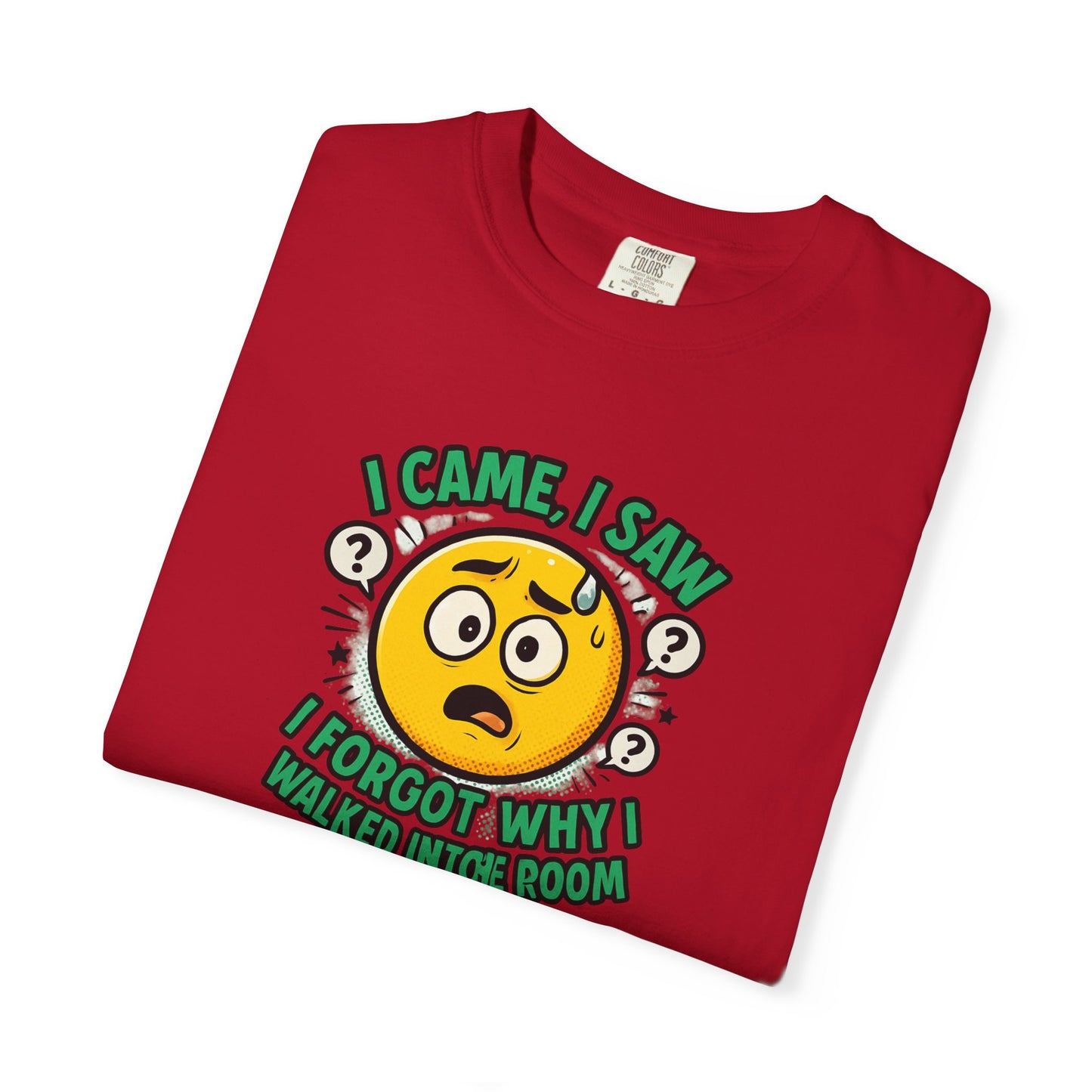Funny Graphic T-Shirt — "I Came, I Saw, I Forgot Why I Walked Into Room" Emoji Tee