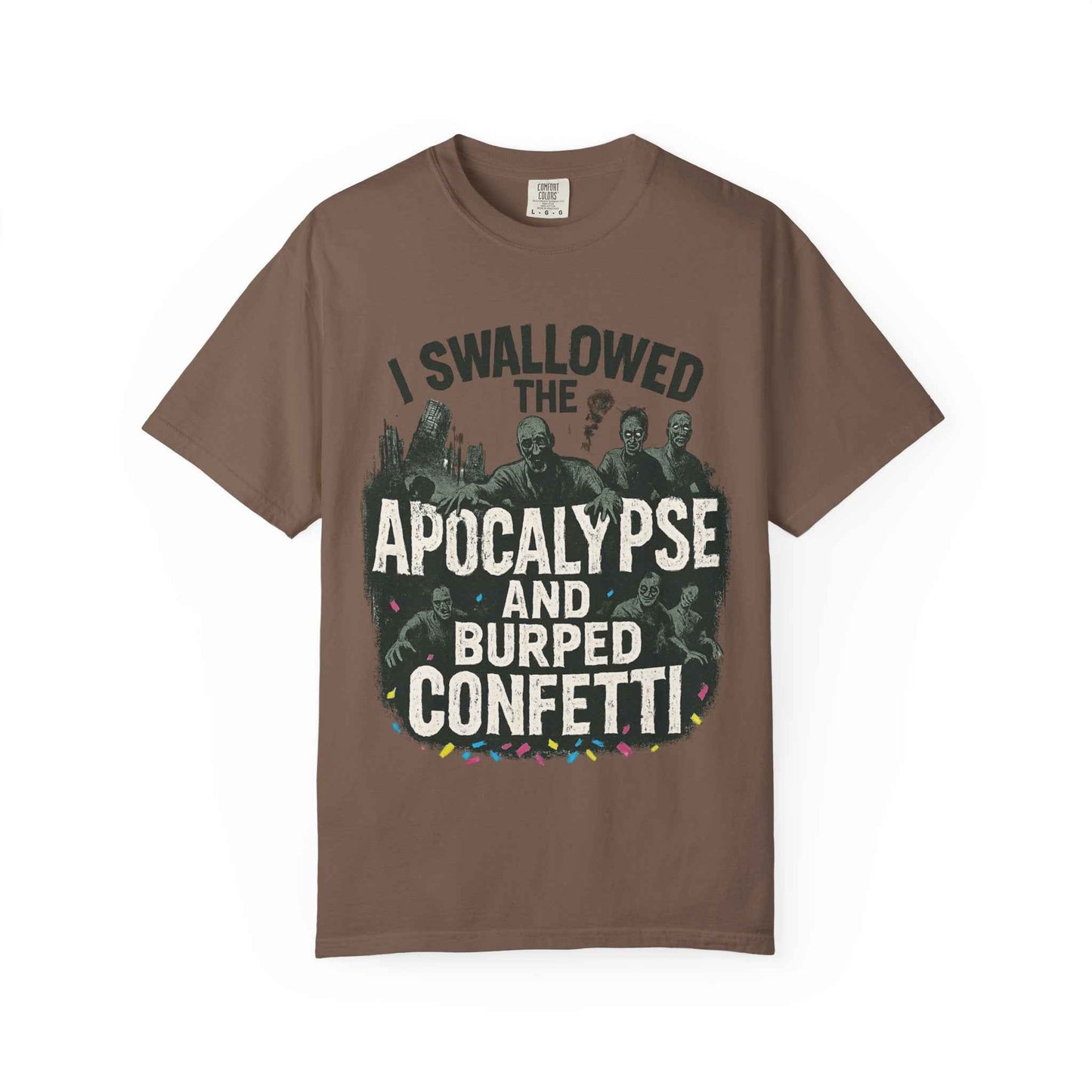 Apocalypse & Burped Confetti T-Shirt — Funny Zombie Survival Tee
