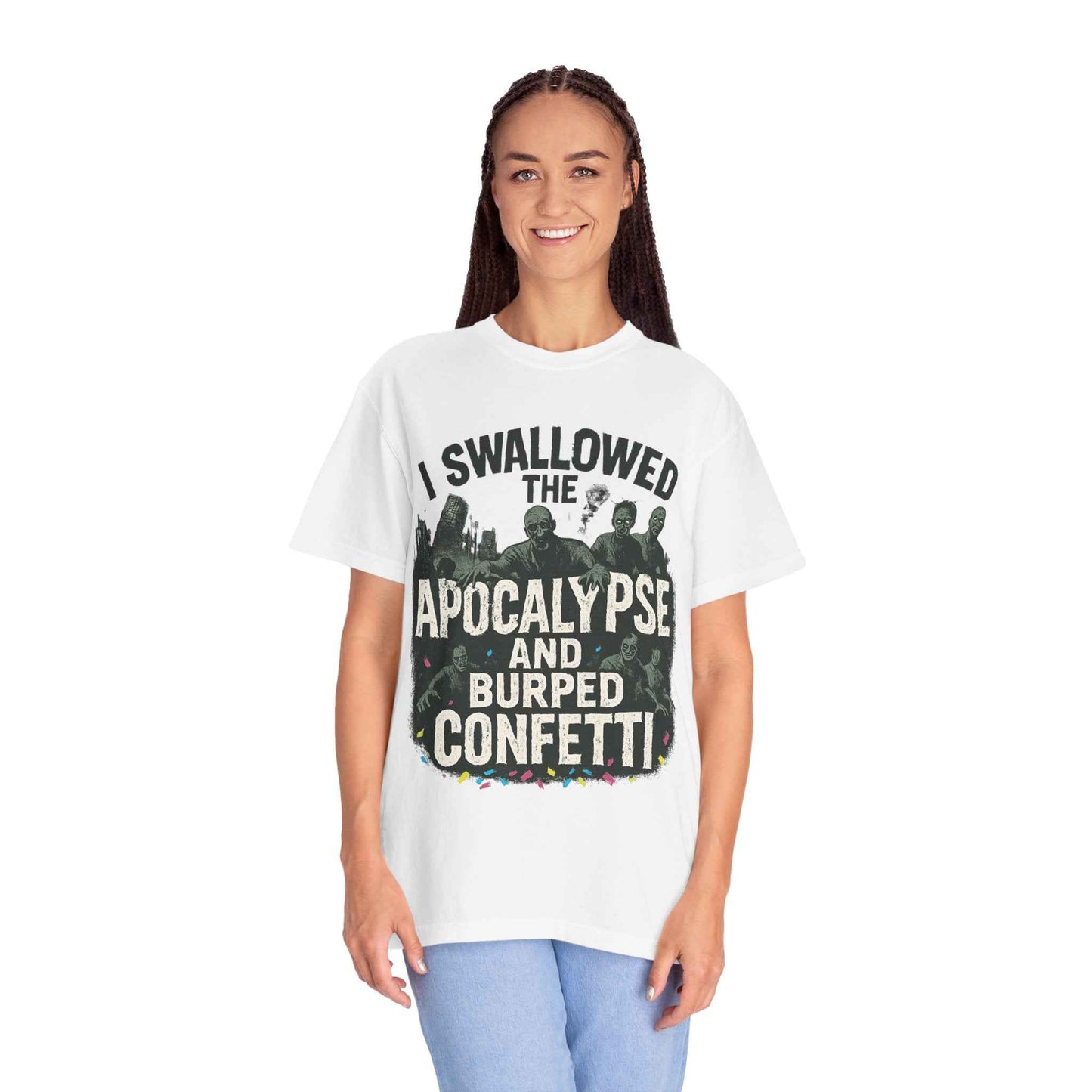 Apocalypse & Burped Confetti T-Shirt — Funny Zombie Survival Tee