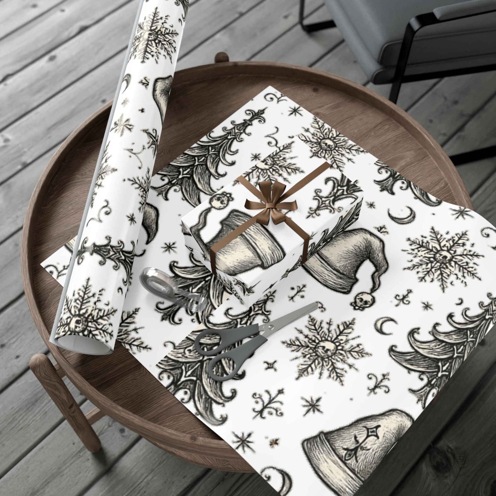 Christmas Tree & Bell Gift Wrap Paper – Vintage Black & White Holiday Wrapping