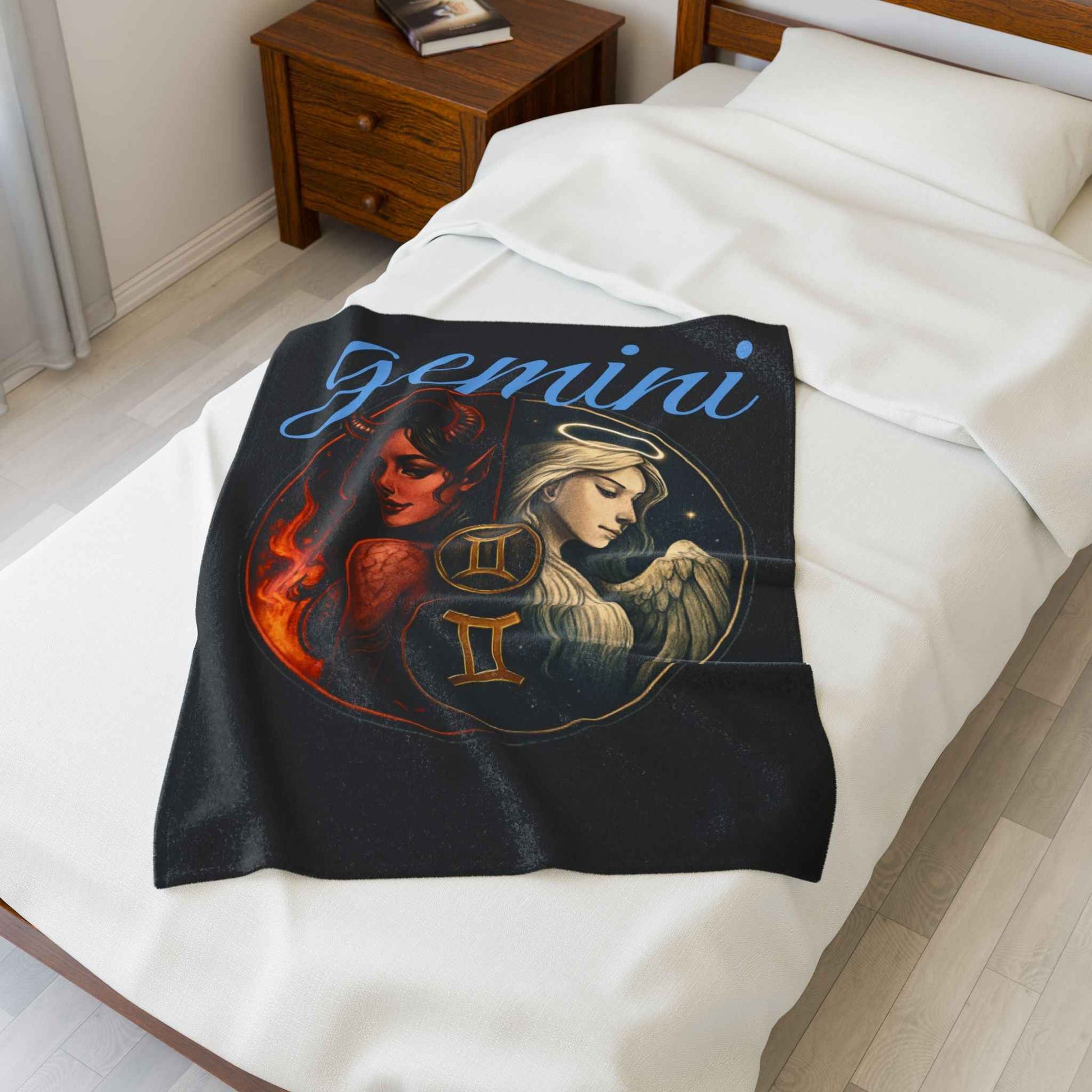 Gemini Zodiac Velveteen Plush Blanket — Twin Angels & Devils Astrology Throw