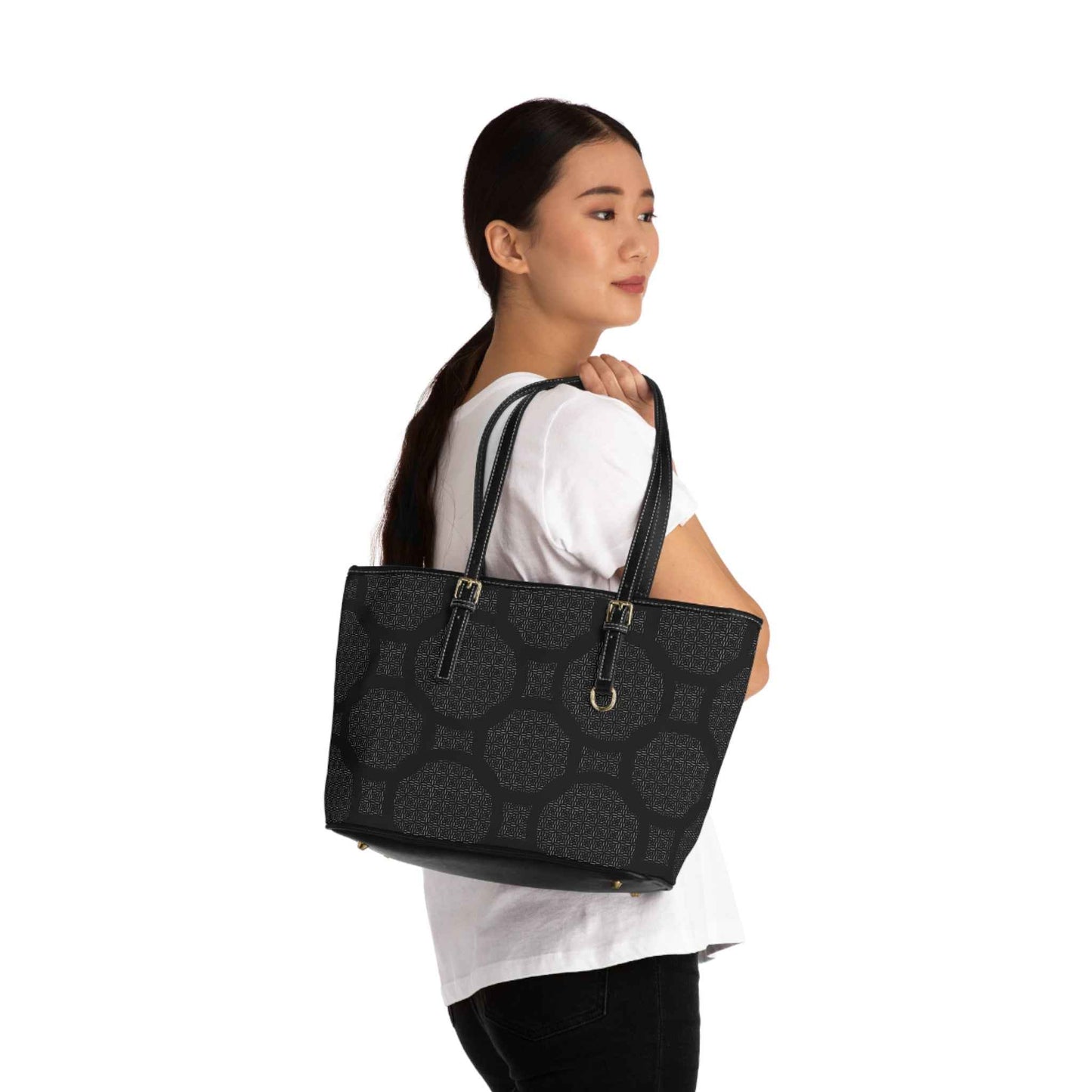 Black Geometric PU Leather Shoulder Bag — Elegant Everyday Tote